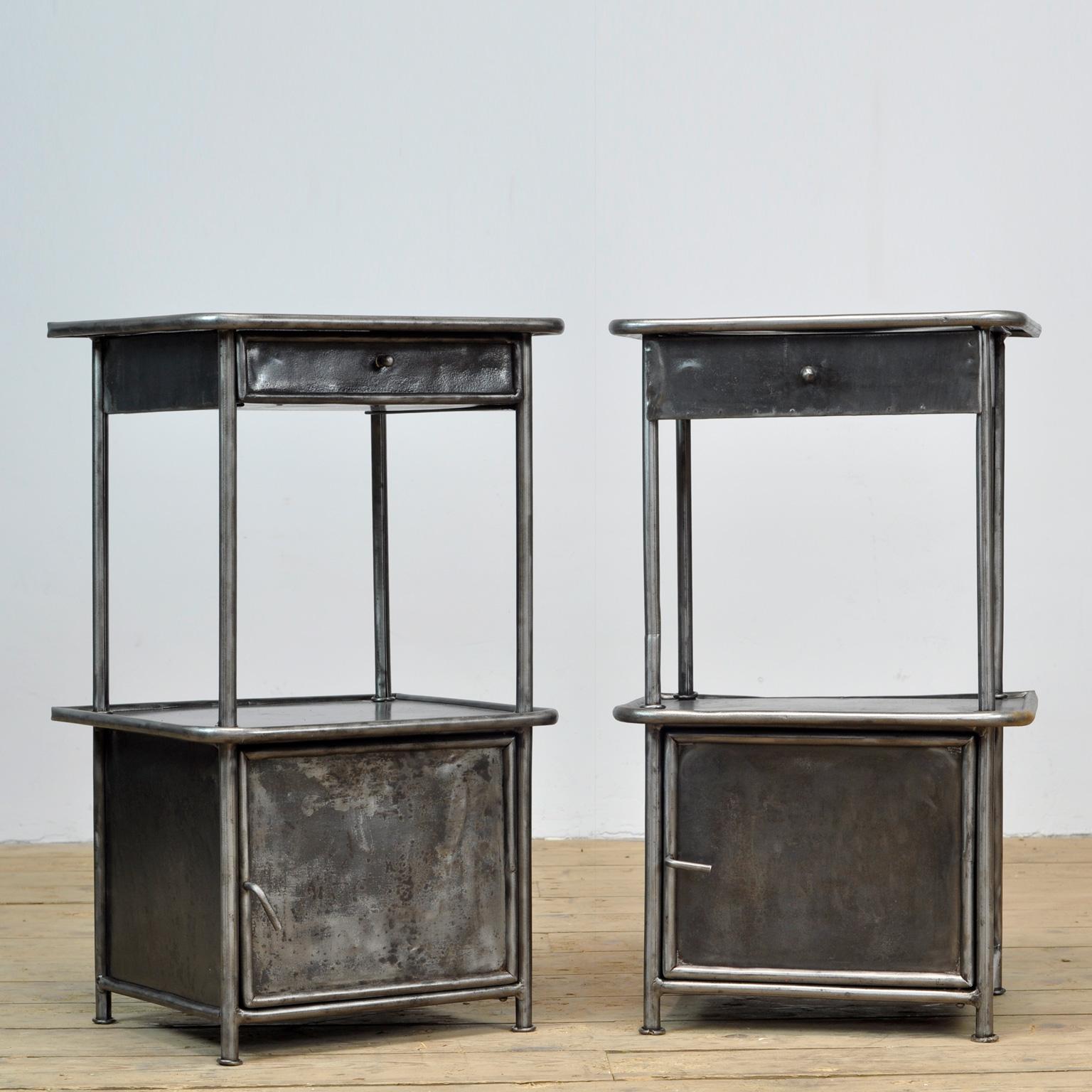 Set of iron polished hospital bedside cabinets. With one drawer. Produced in the 1920's.