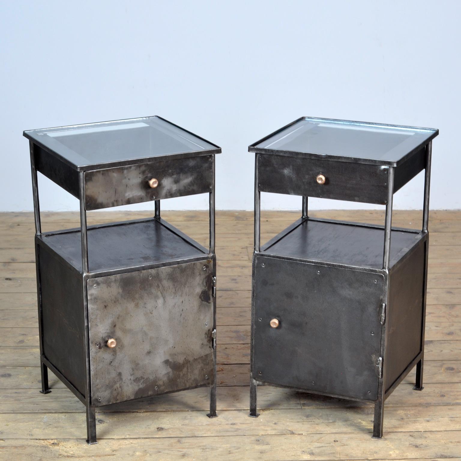 Set of iron polished hospital bedside cabinet. With one drawer and a glass top. Produced in the 1920's.