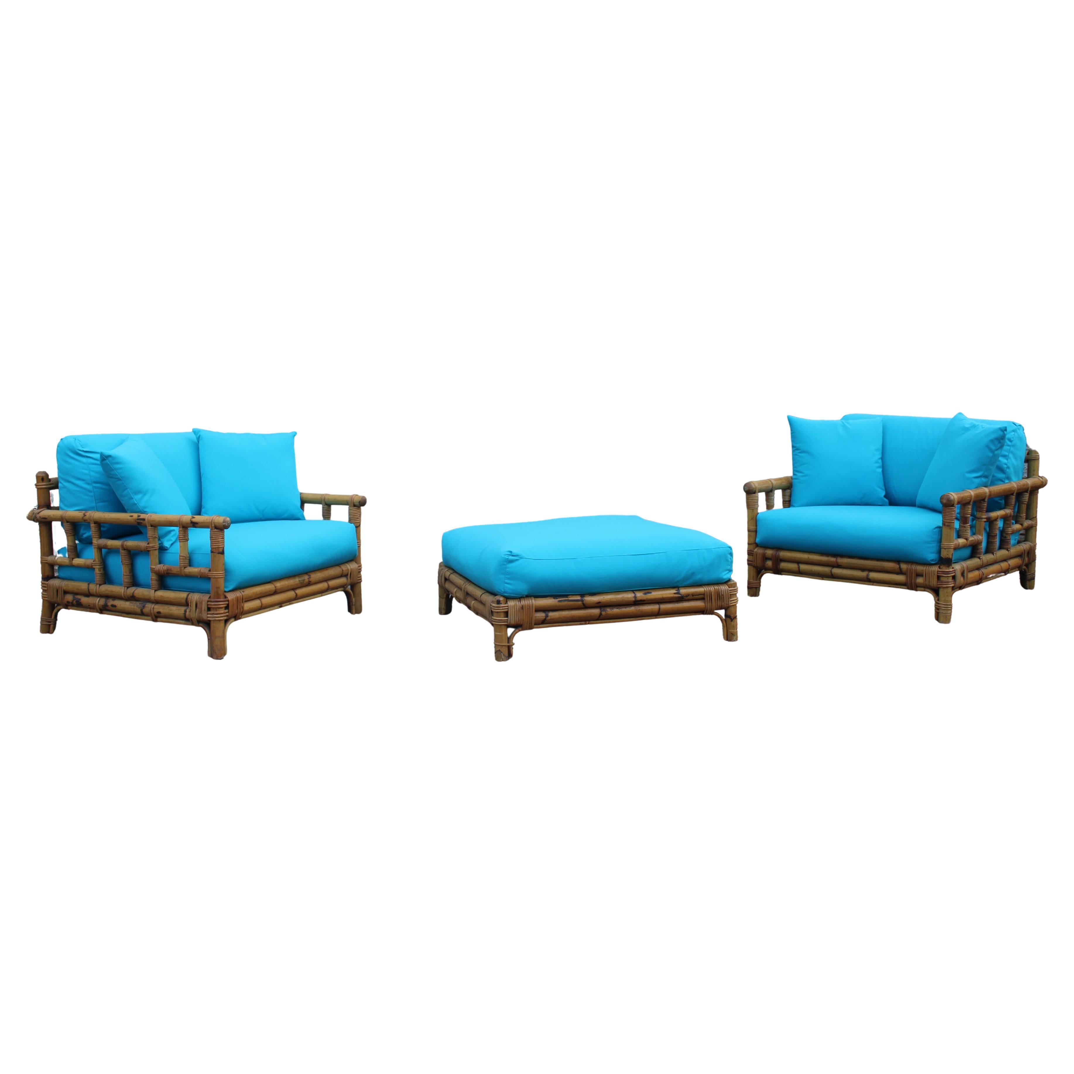 Set Poltrone Ming con Pouf Colin Morrow per Vivai del Sud 1970 Italia Azzurro in vendita