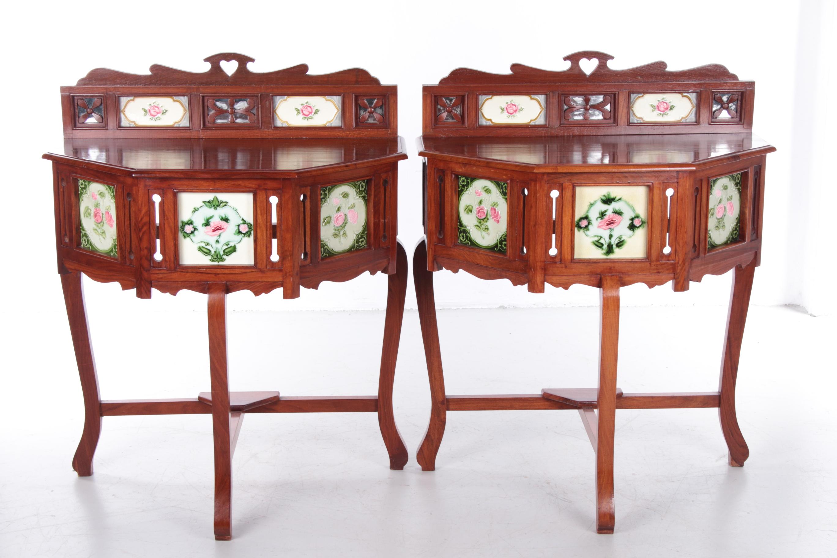 Colonial Revival Set Portuguese Colonial Wall Nightstands by Meranti with Tiles, 1930