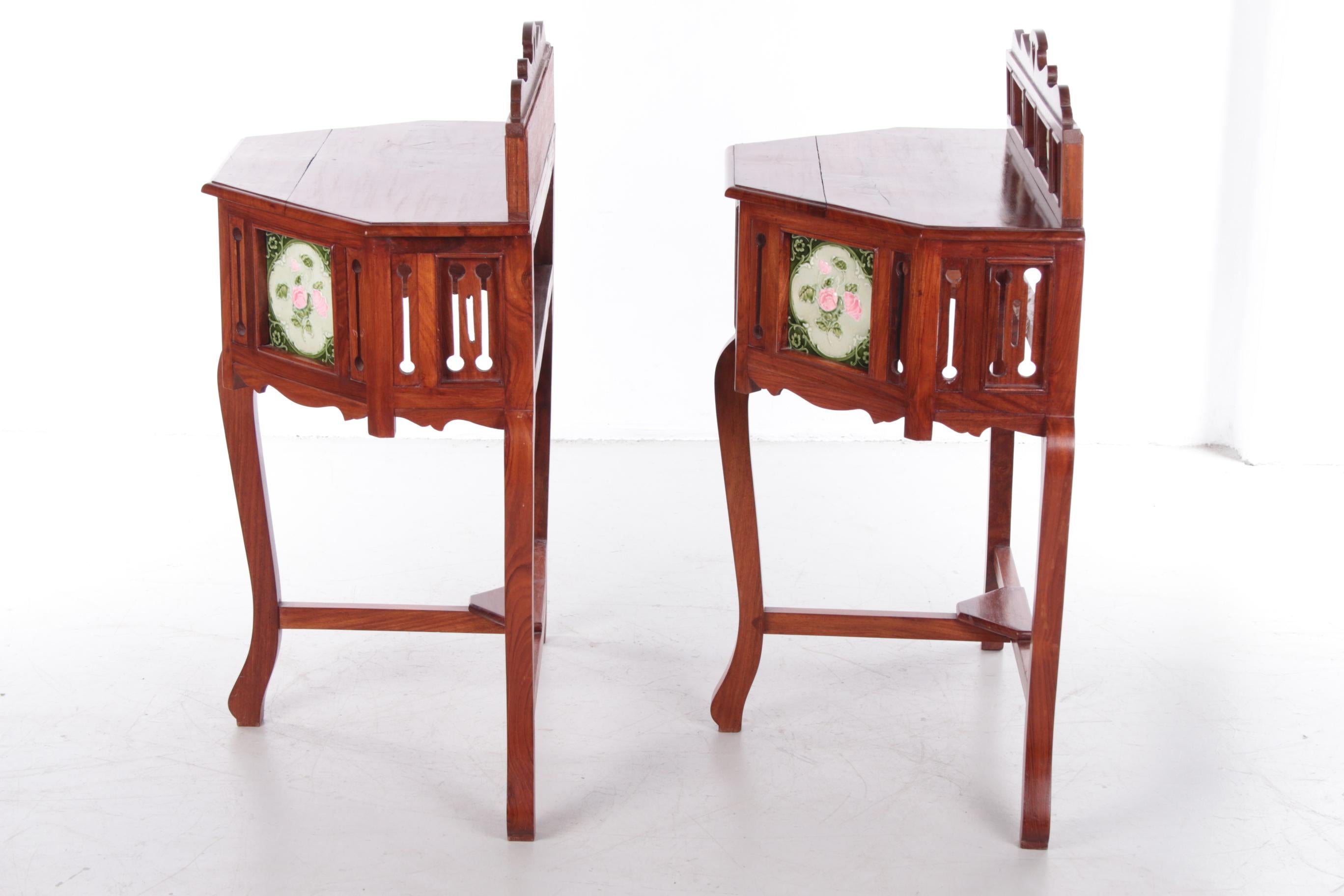 Set Portuguese Colonial Wall Nightstands by Meranti with Tiles, 1930 In Excellent Condition In Oostrum-Venray, NL