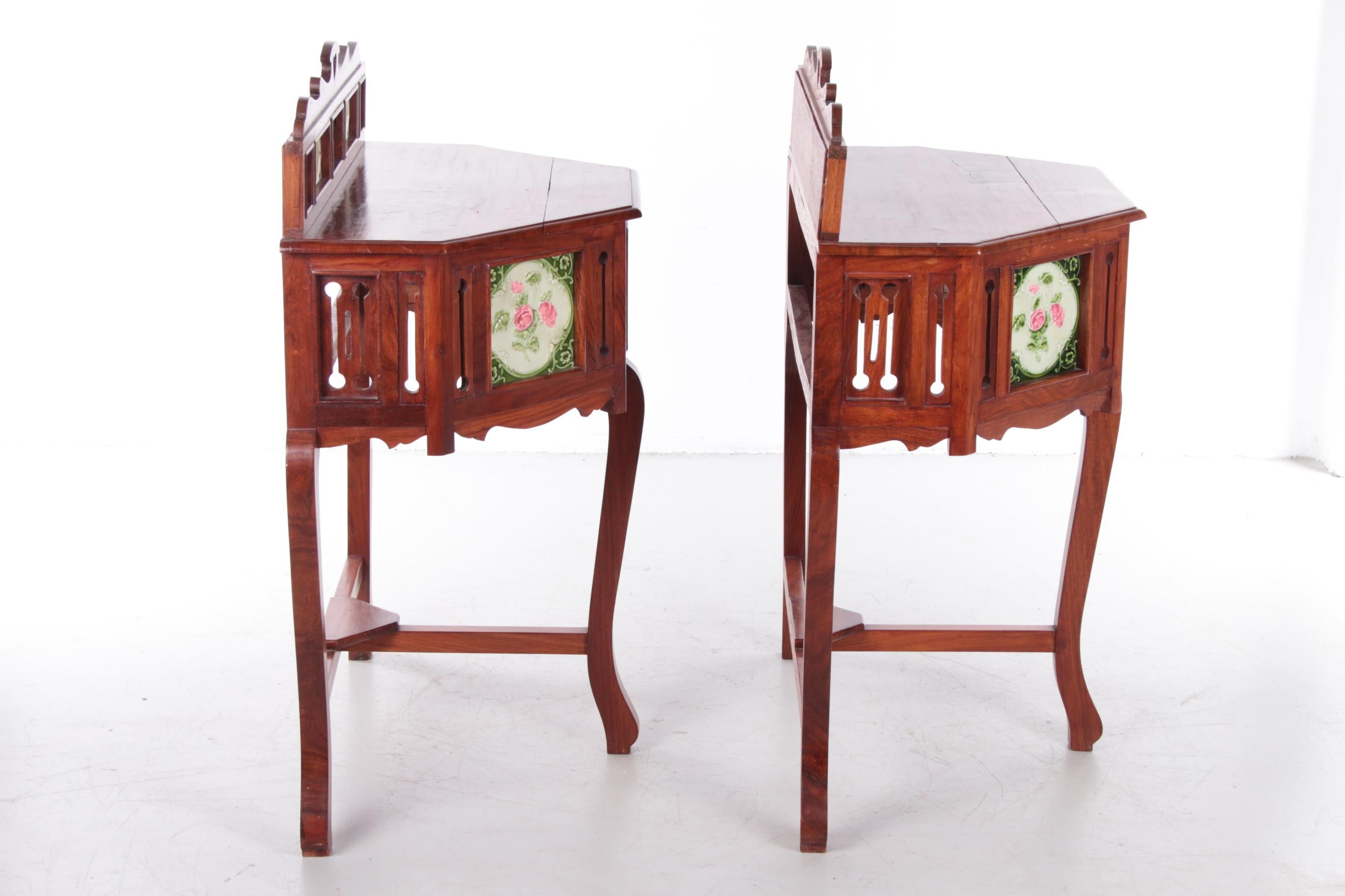 Mid-20th Century Set Portuguese Colonial Wall Nightstands by Meranti with Tiles, 1930