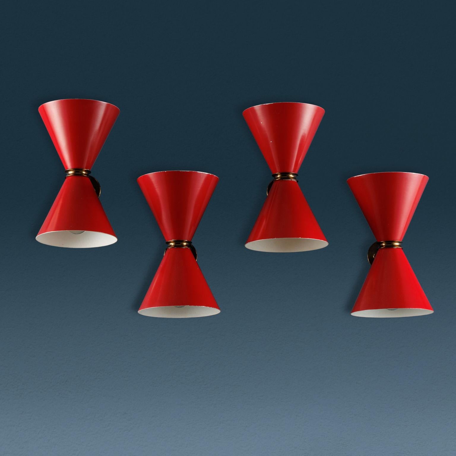 Mid-Century Modern Set quattro Applique Anni 60, rosse in metallo For Sale