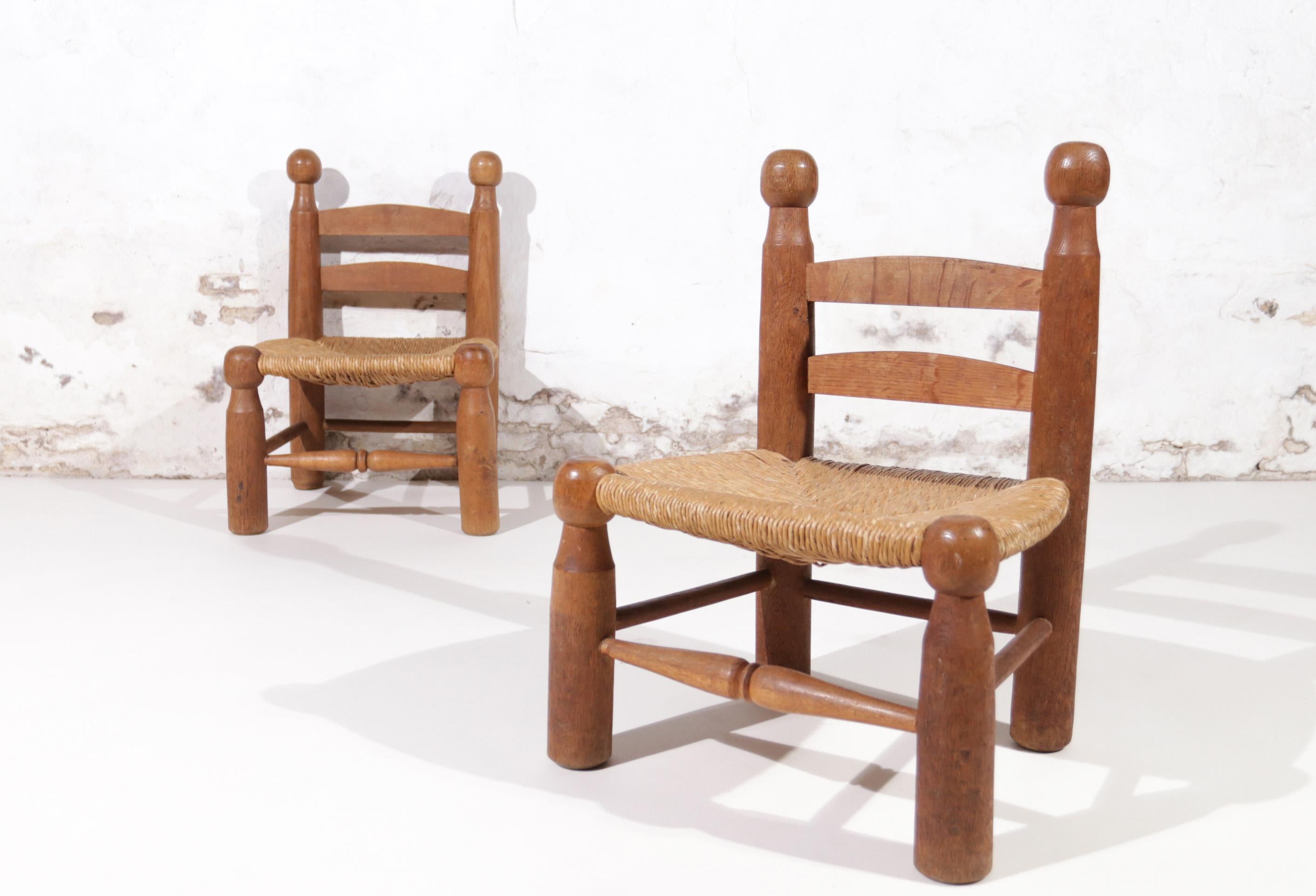 Set Rare Charles Dudouyt Oak and Rush Low Chairs, France 1950's 6