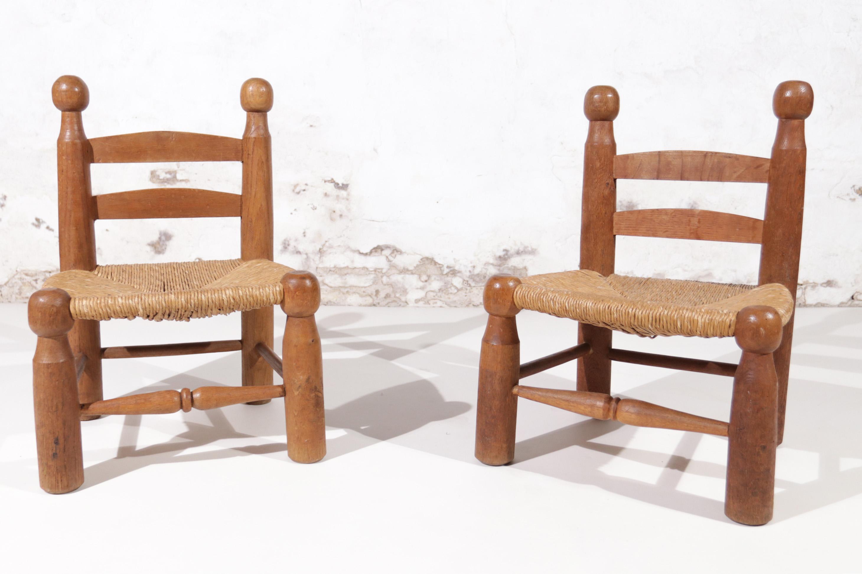 Set Rare Charles Dudouyt Oak and Rush Low Chairs, France 1950's 7