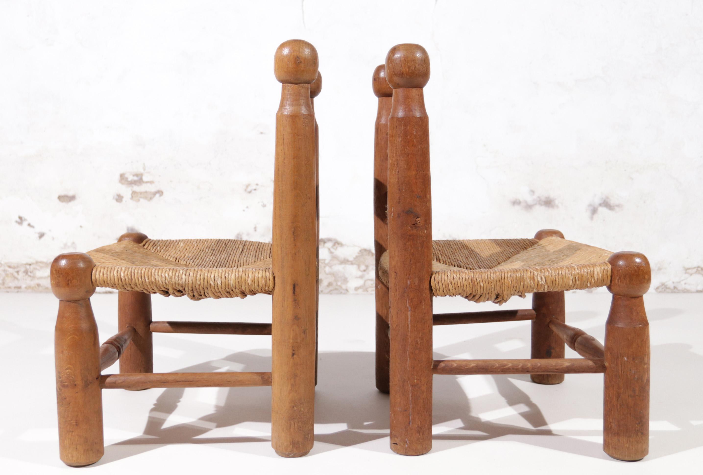 Set Rare Charles Dudouyt Oak and Rush Low Chairs, France 1950's 10