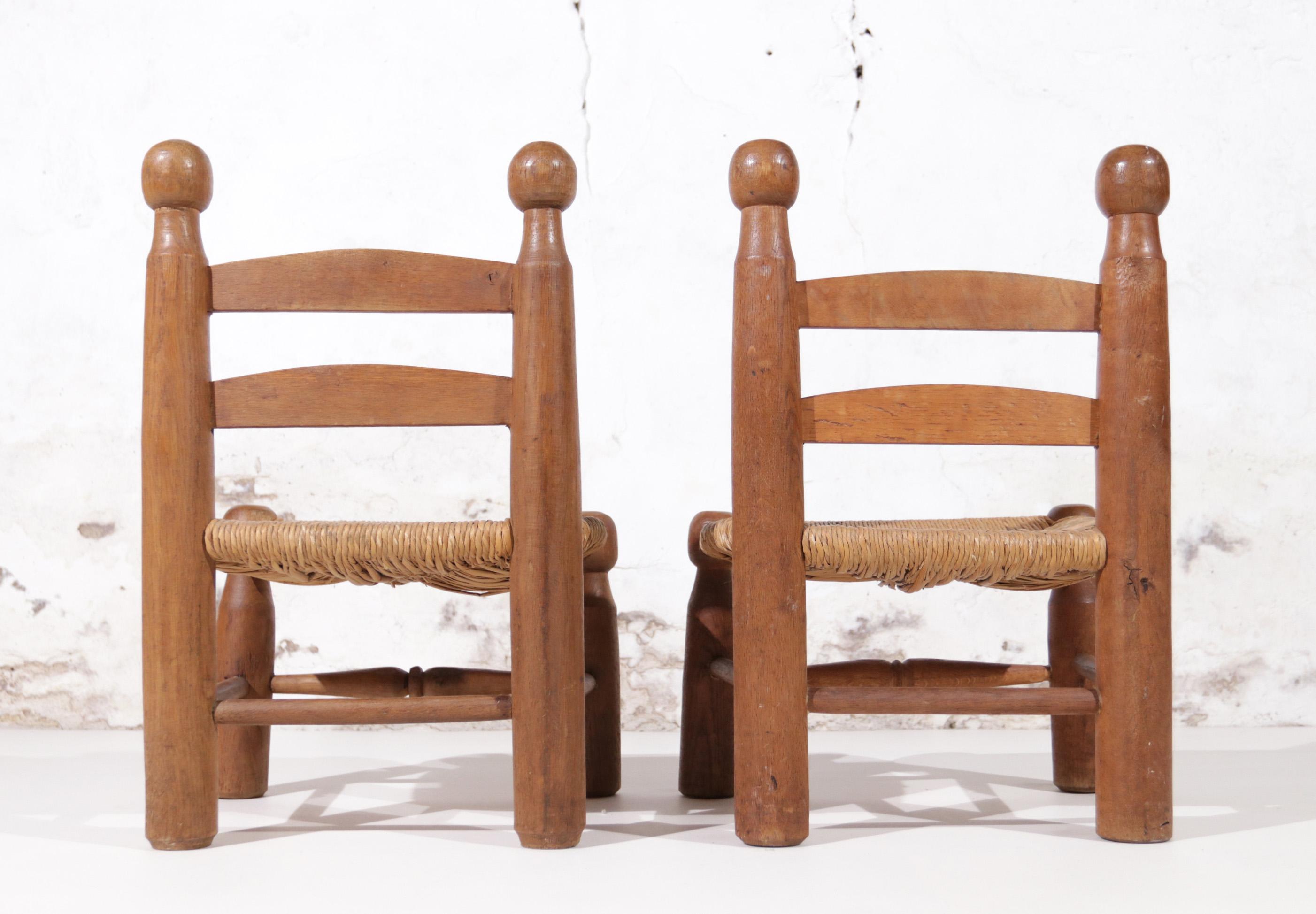 Set Rare Charles Dudouyt Oak and Rush Low Chairs, France 1950's 11