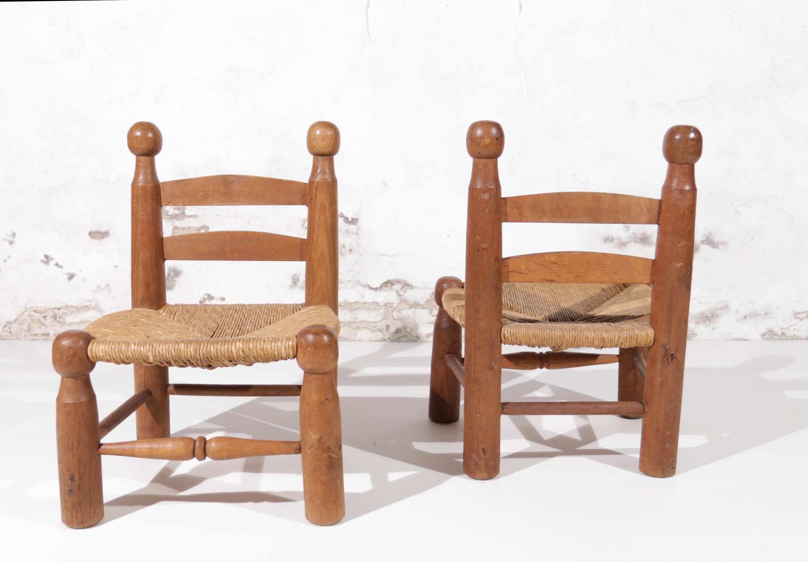Set Rare Charles Dudouyt Oak and Rush Low Chairs, France 1950's 13