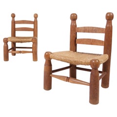 Set Rare Charles Dudouyt Oak and Rush Low Chairs, France 1950
s