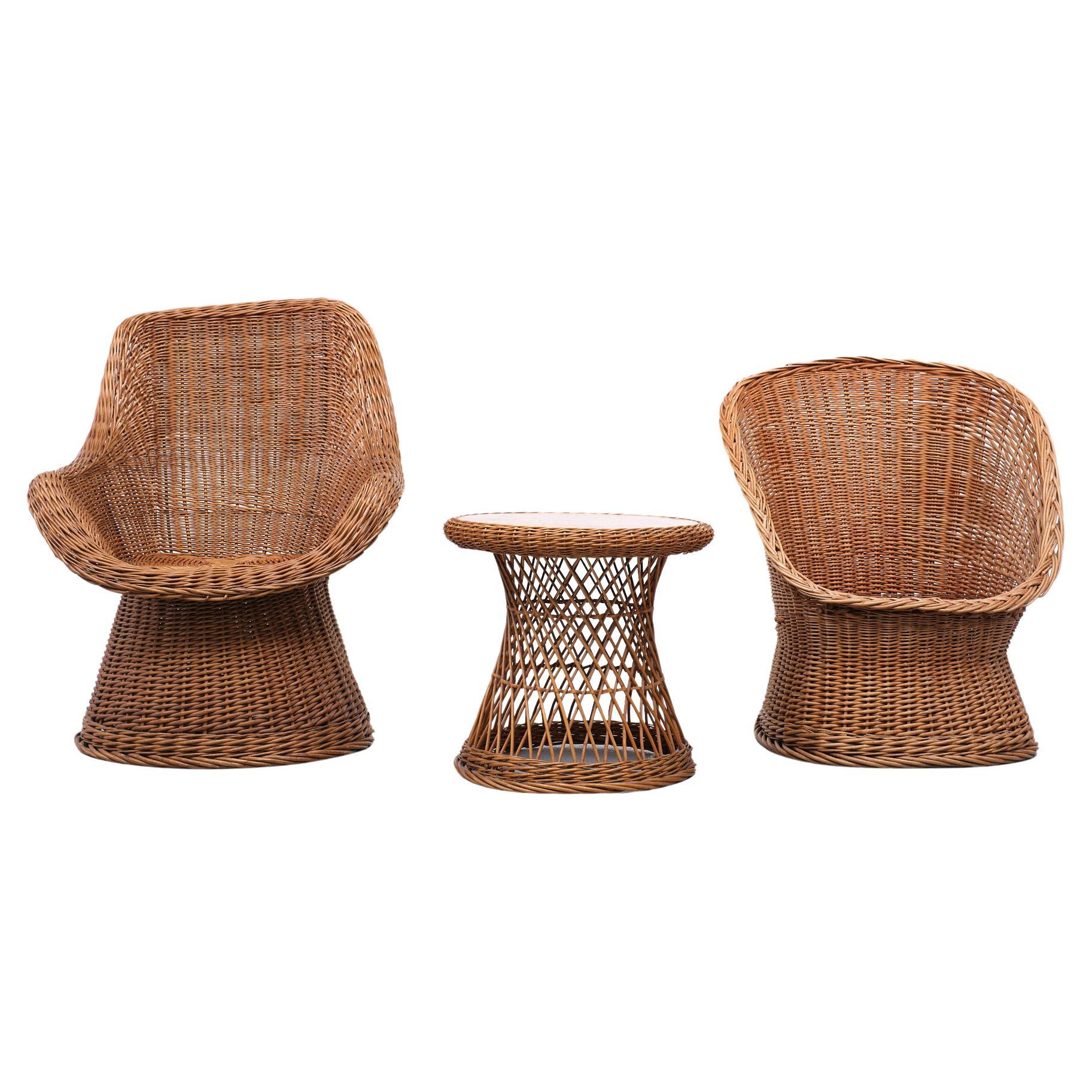 Mid-Century Modern Set Rattan Chairs and Matching Table Rohe Noordwolde, 1960s  For Sale