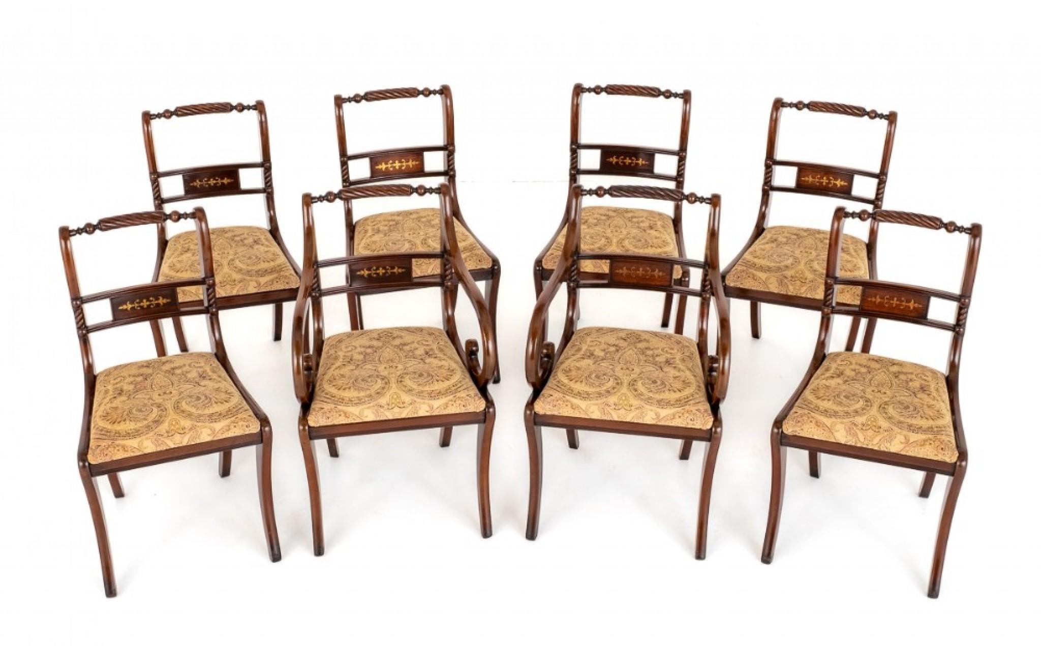 Late 20th Century Set Regency Dining Chairs Mahogany Brass Inlay For Sale