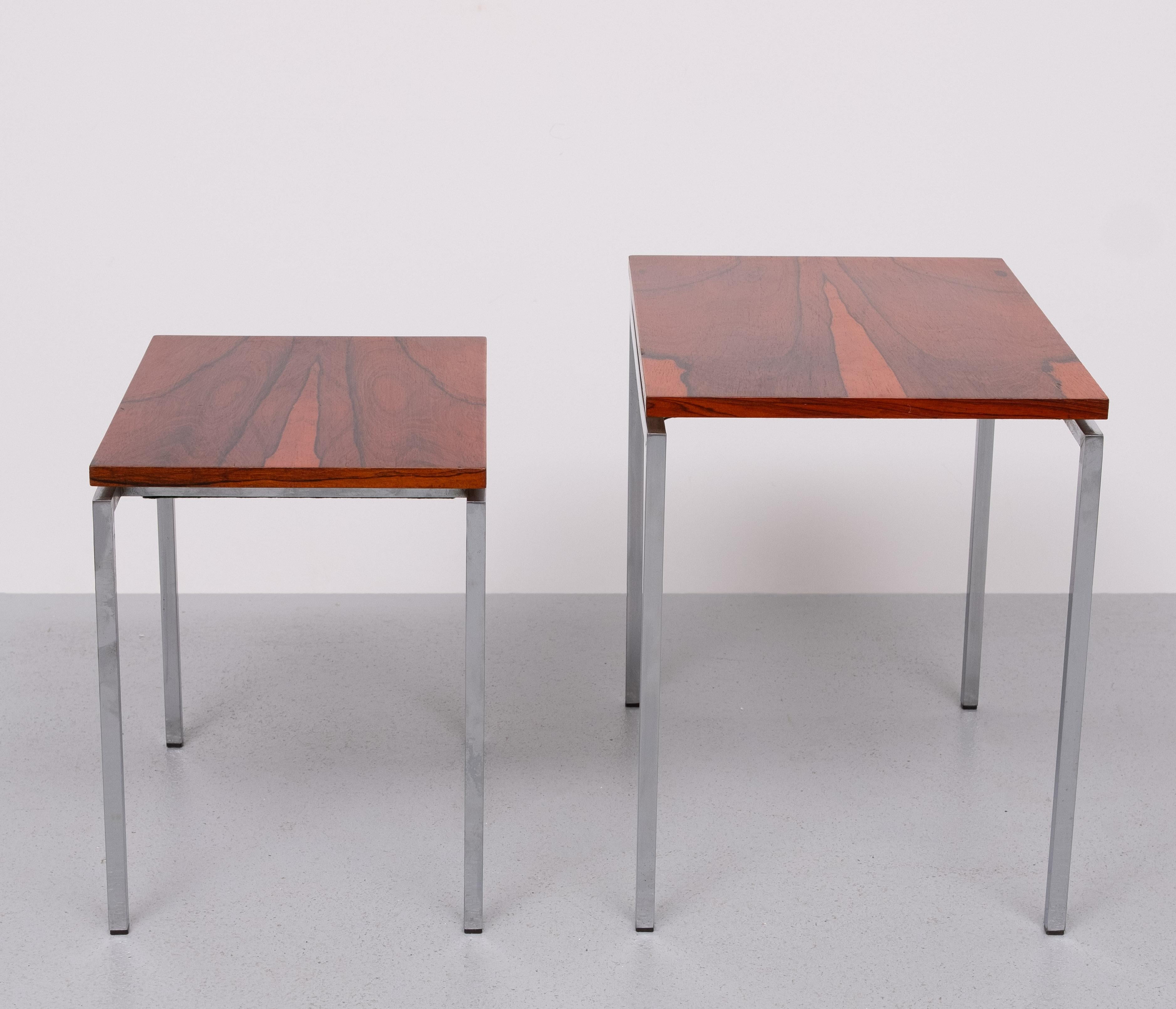 Chrome set Rose wood side tables 1970s For Sale