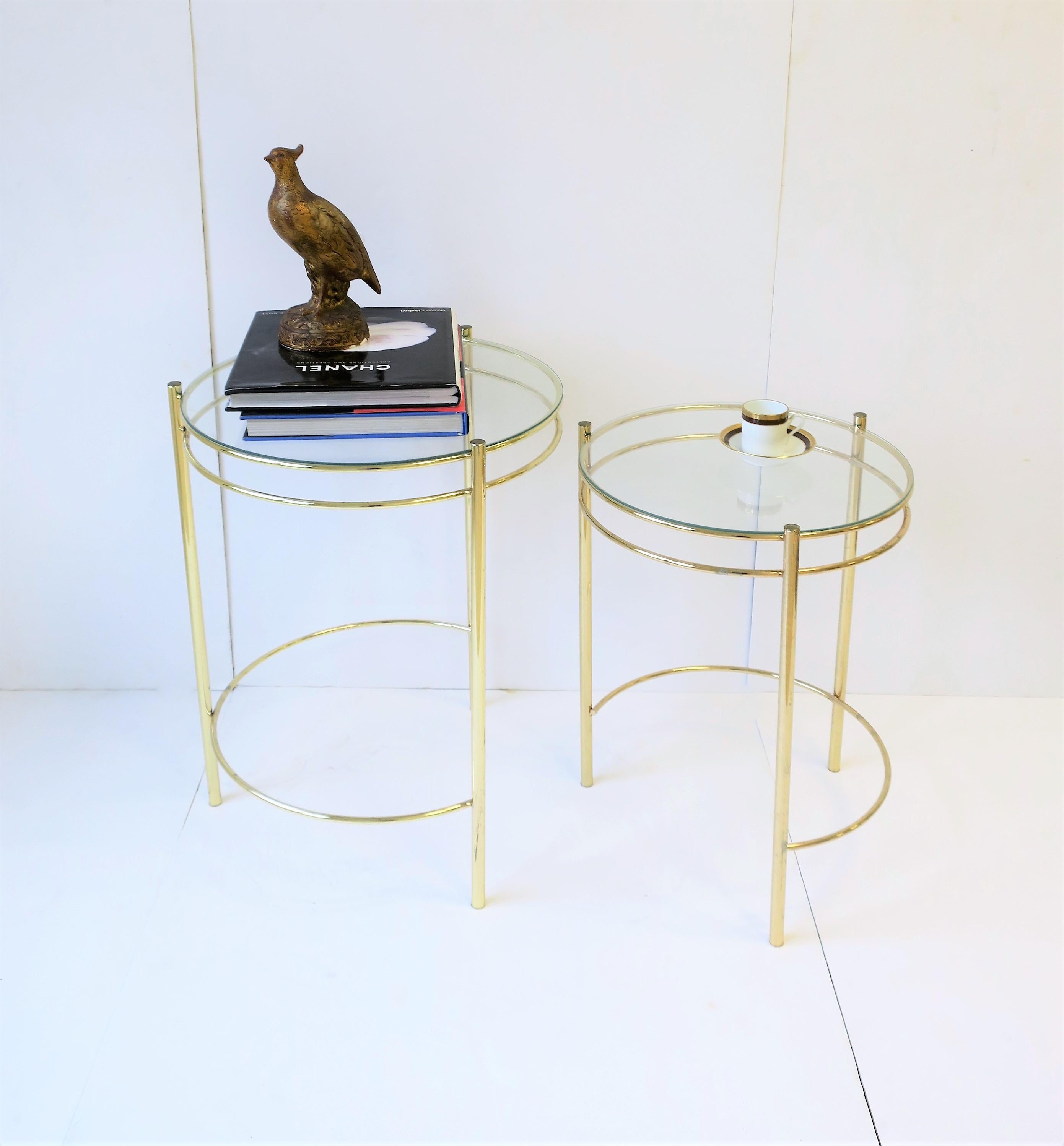 Plated Set Round Brass and Glass Nesting End or Side Tables