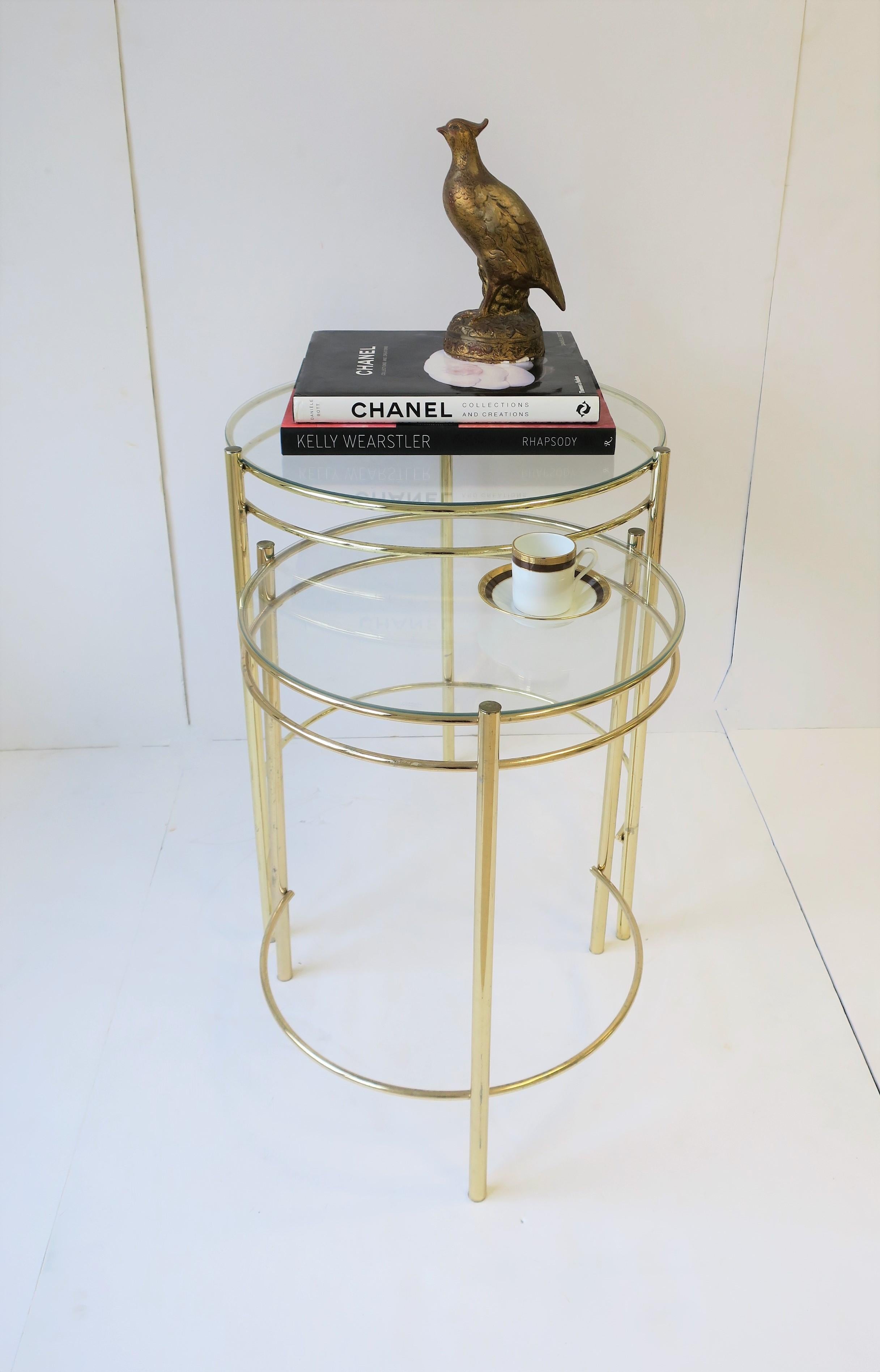 20th Century Set Round Brass and Glass Nesting End or Side Tables