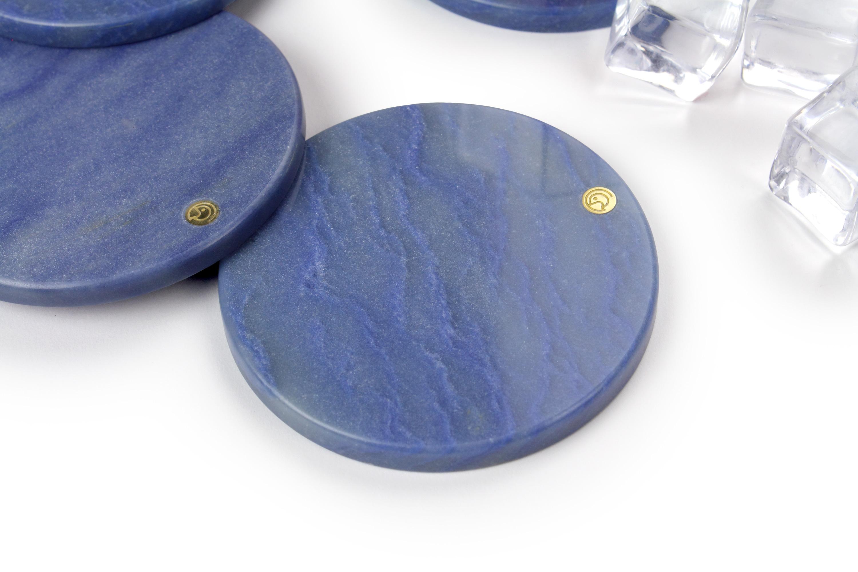Modern Coasters Set of Four in Blue Azul Macaubas Marble Handmade Italy For Sale