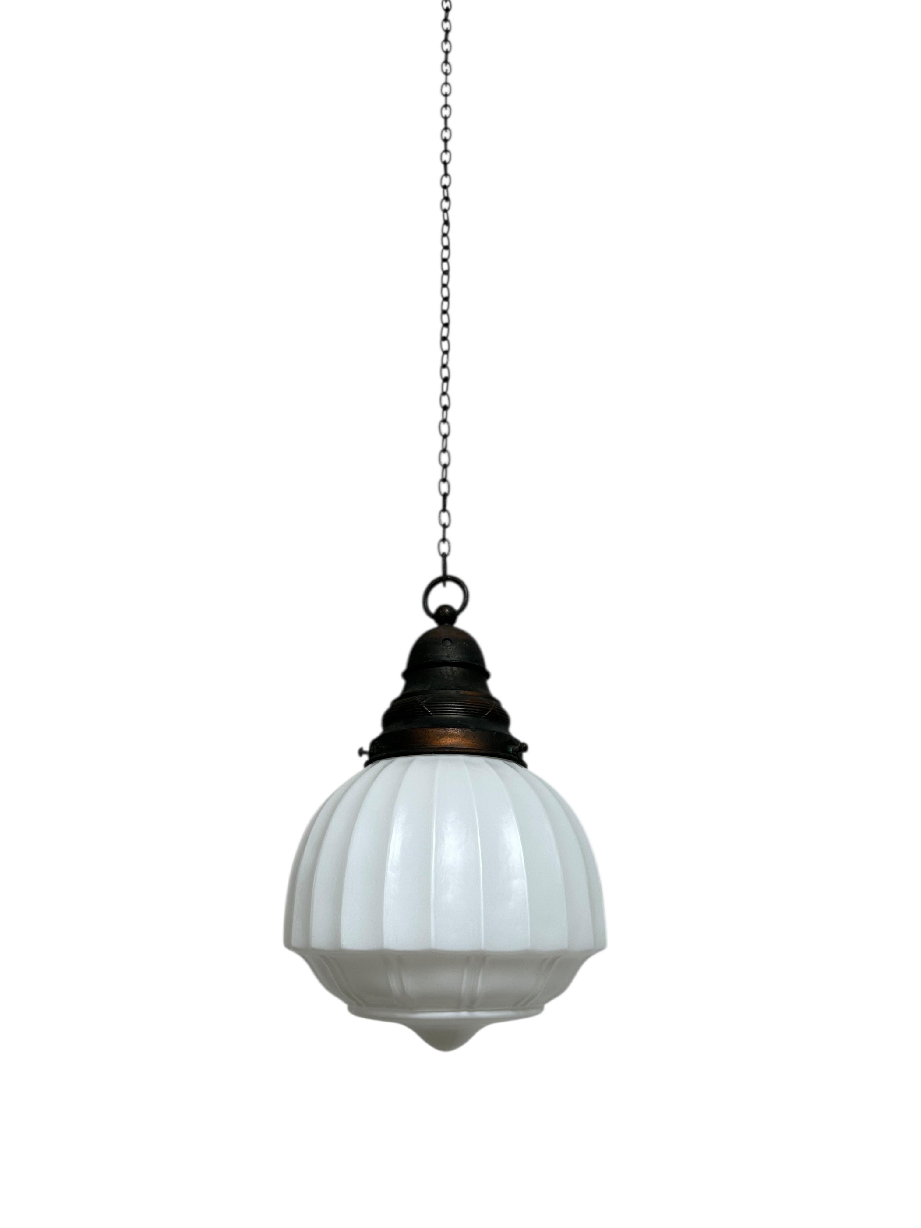 - A wonderful set of satin opaline ceiling pendants with original galleries, England circa 1910.
- Sourced from a beautiful chapel in Cornwall, a county on England’s rugged southwestern tip, these lights hung high for many years and look stunning