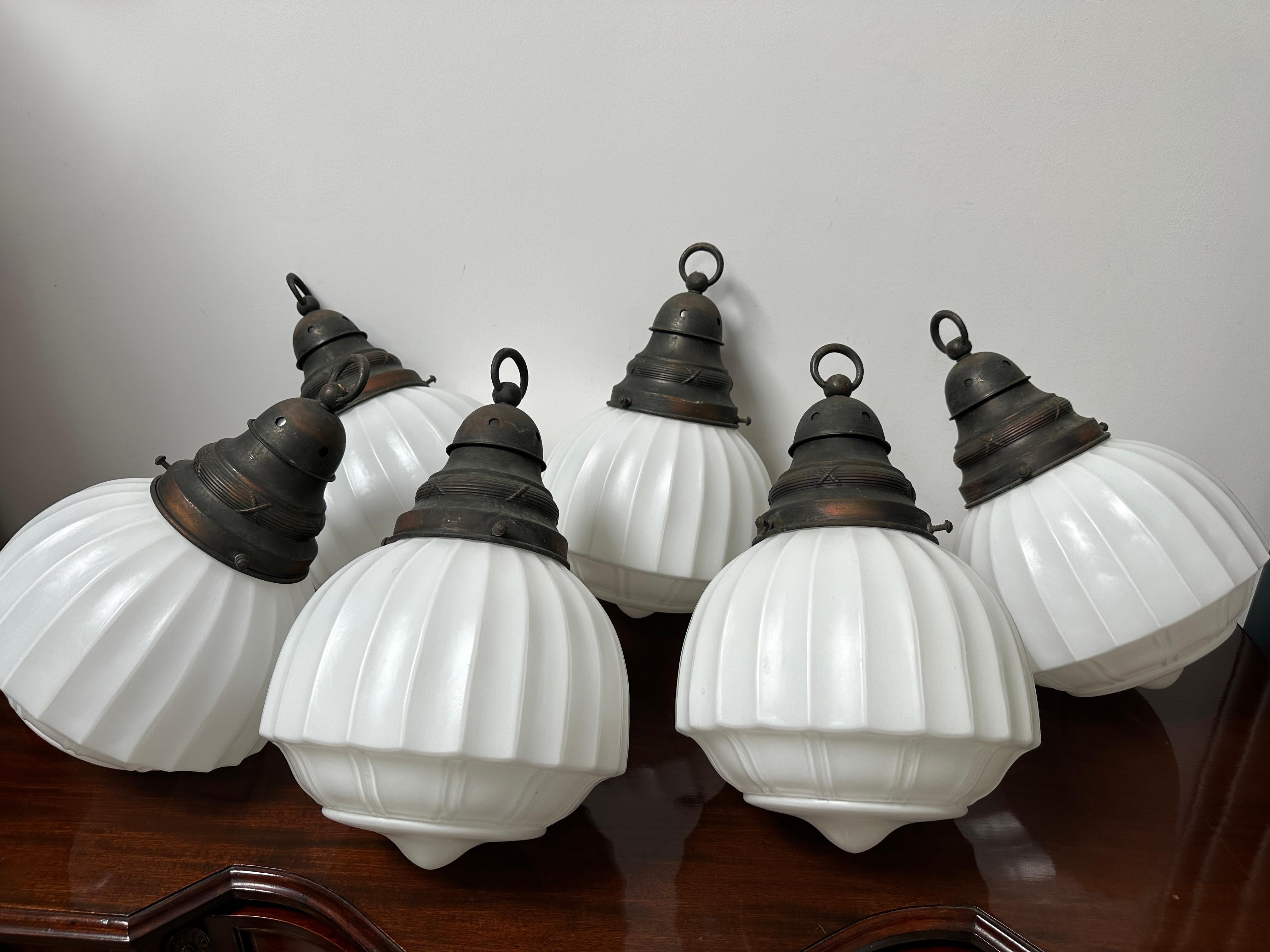 Set Run Antique Vintage Church Opaline Milk Glass Ceiling Pendant Light Lamp im Angebot 2