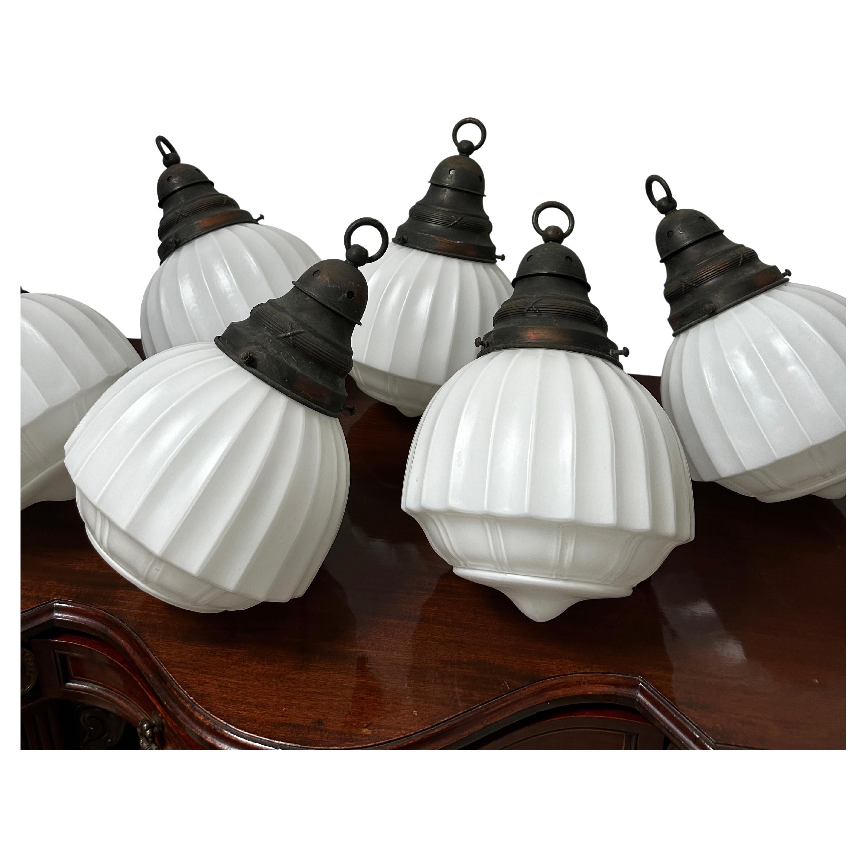 Set Run Antique Vintage Church Opaline Milk Glass Ceiling Pendant Light Lamp