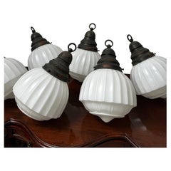 Set Run Antique Vintage Church Opaline Milk Glass Ceiling Pendant Light Lamp