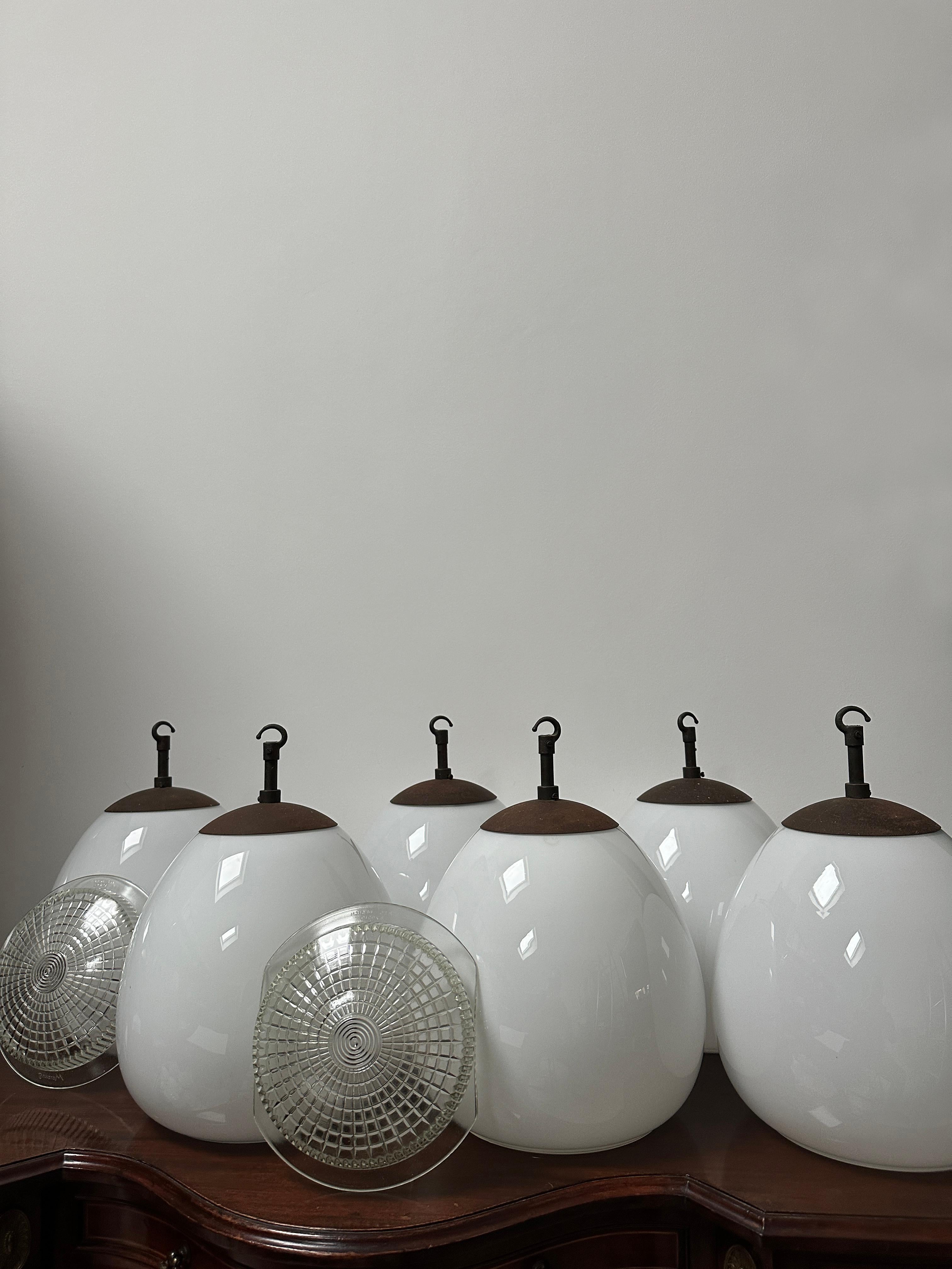 Set Run Antique Vintage Diffused Tulip Opaline Milk Glass Ceiling Pendant Light For Sale 7