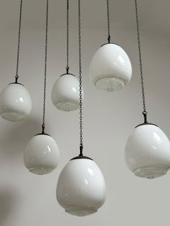 Set Run Antique Vintage Diffused Tulip Opaline Milk Glass Ceiling Pendant Light