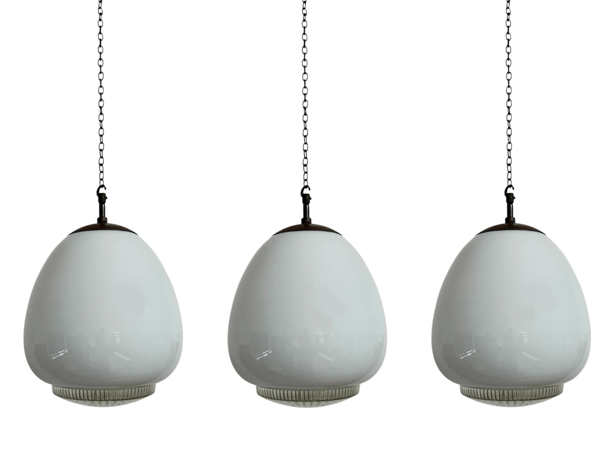 British Set Run Antique Vintage Diffused Tulip Opaline Milk Glass Ceiling Pendant Light For Sale