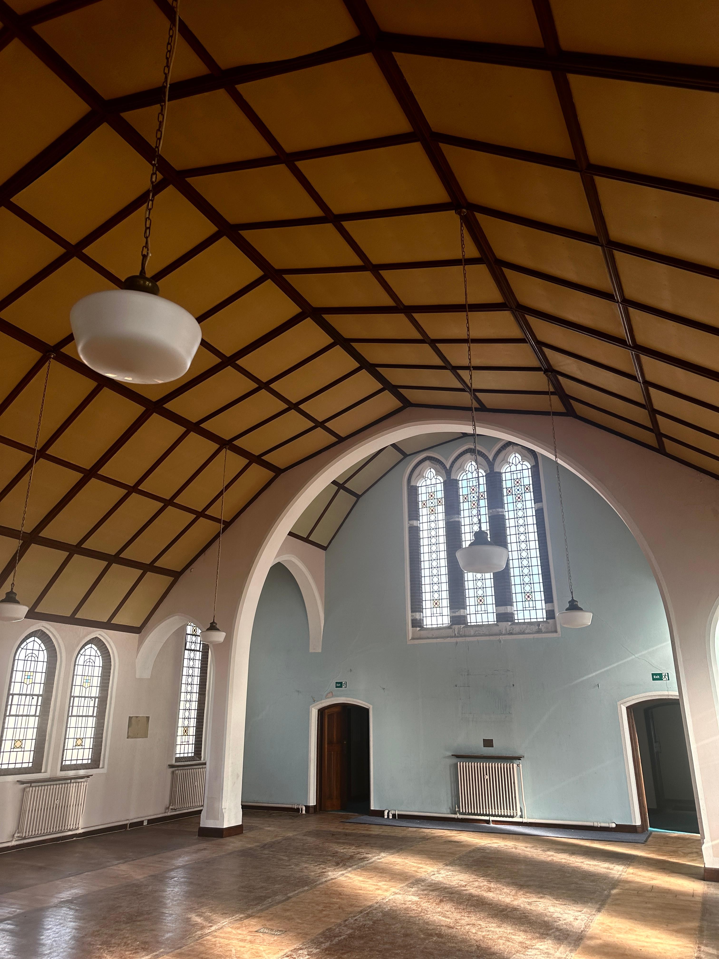 Set Run XL Antique Vintage Brass Church Opaline Milk Glass Ceiling Pendant Light For Sale 6