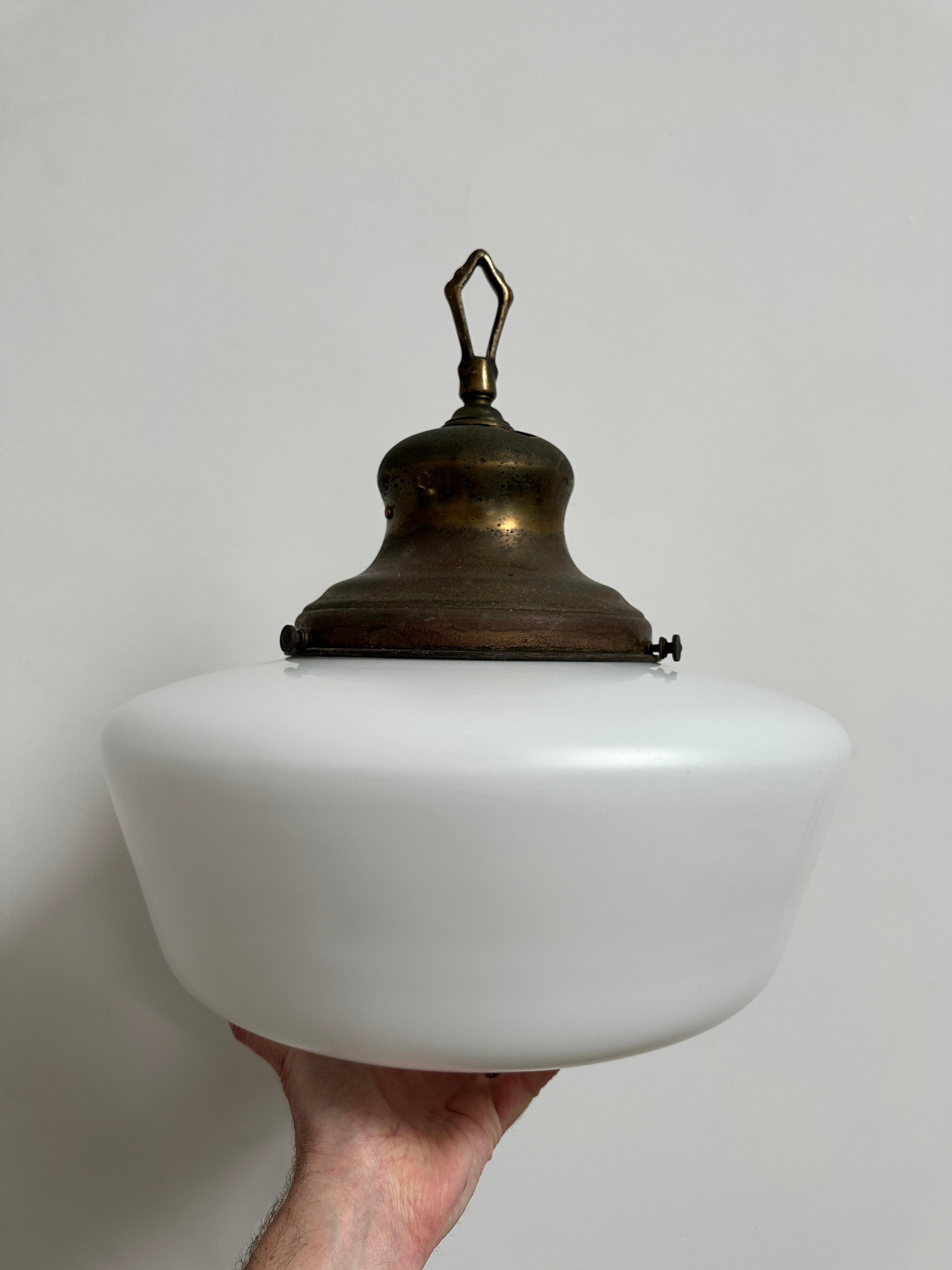 British Set Run XL Antique Vintage Brass Church Opaline Milk Glass Ceiling Pendant Light For Sale