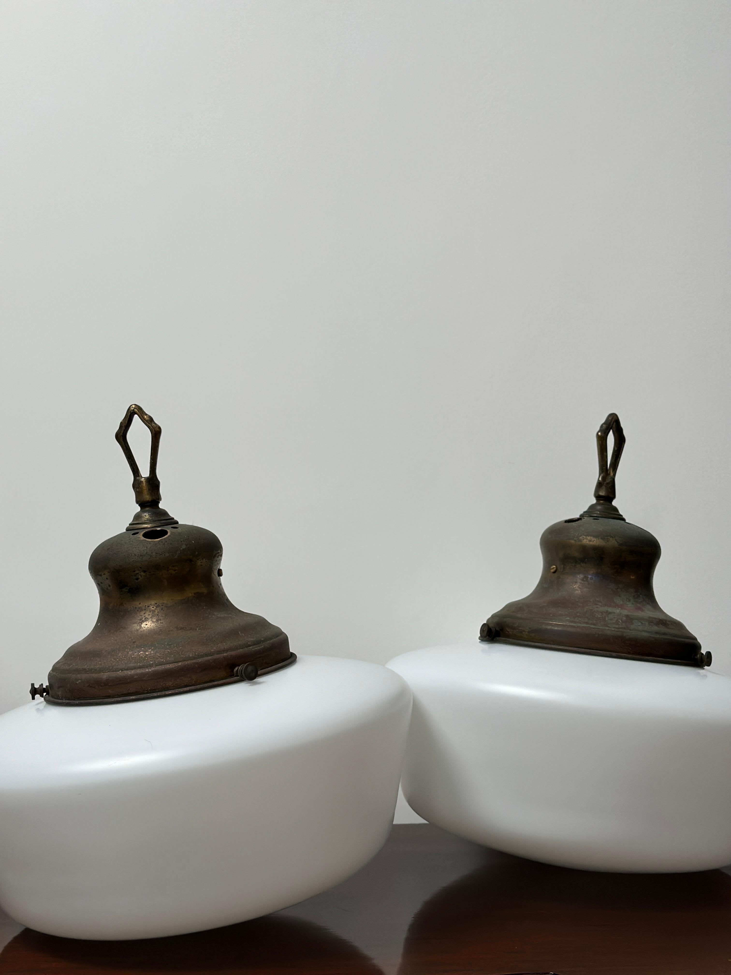 Set Run XL Antique Vintage Brass Church Opaline Milk Glass Ceiling Pendant Light In Good Condition For Sale In Sale, GB