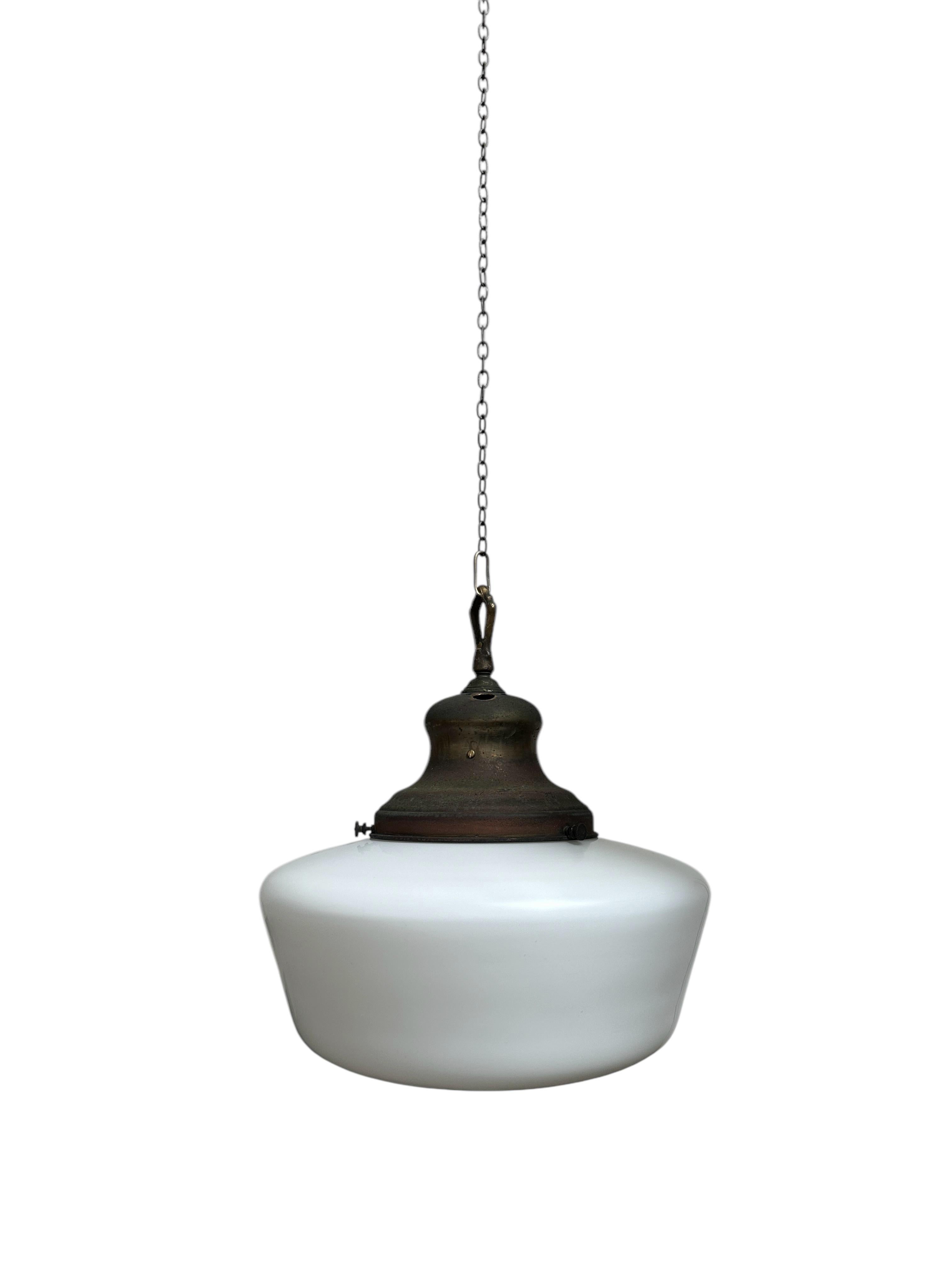 20th Century Set Run XL Antique Vintage Brass Church Opaline Milk Glass Ceiling Pendant Light For Sale