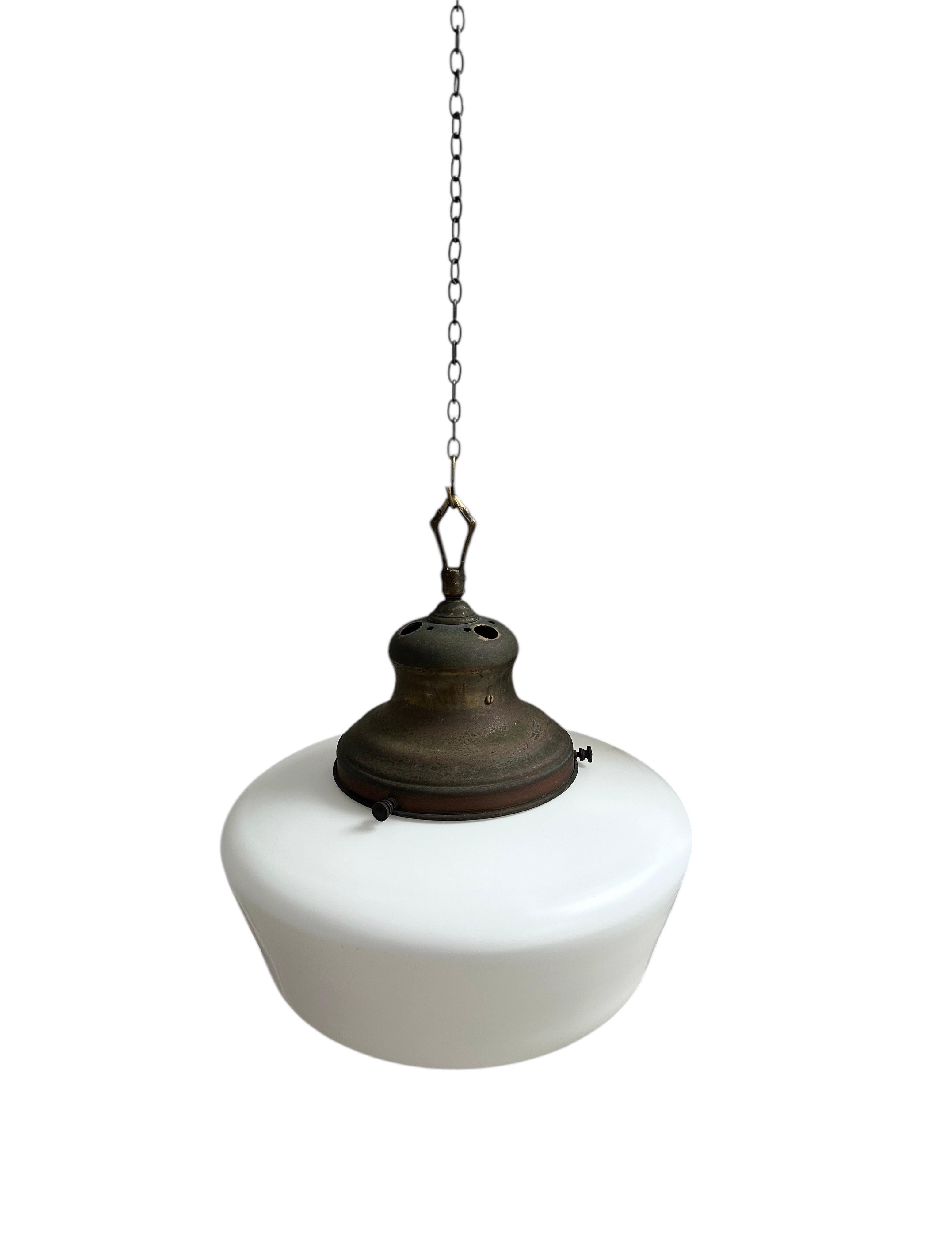 Set Run XL Antique Vintage Brass Church Opaline Milk Glass Ceiling Pendant Light For Sale 1
