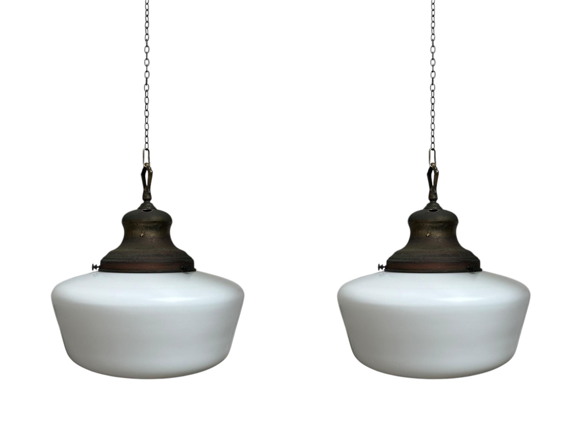 Set Run XL Antique Vintage Brass Church Opaline Milk Glass Ceiling Pendant Light For Sale 2
