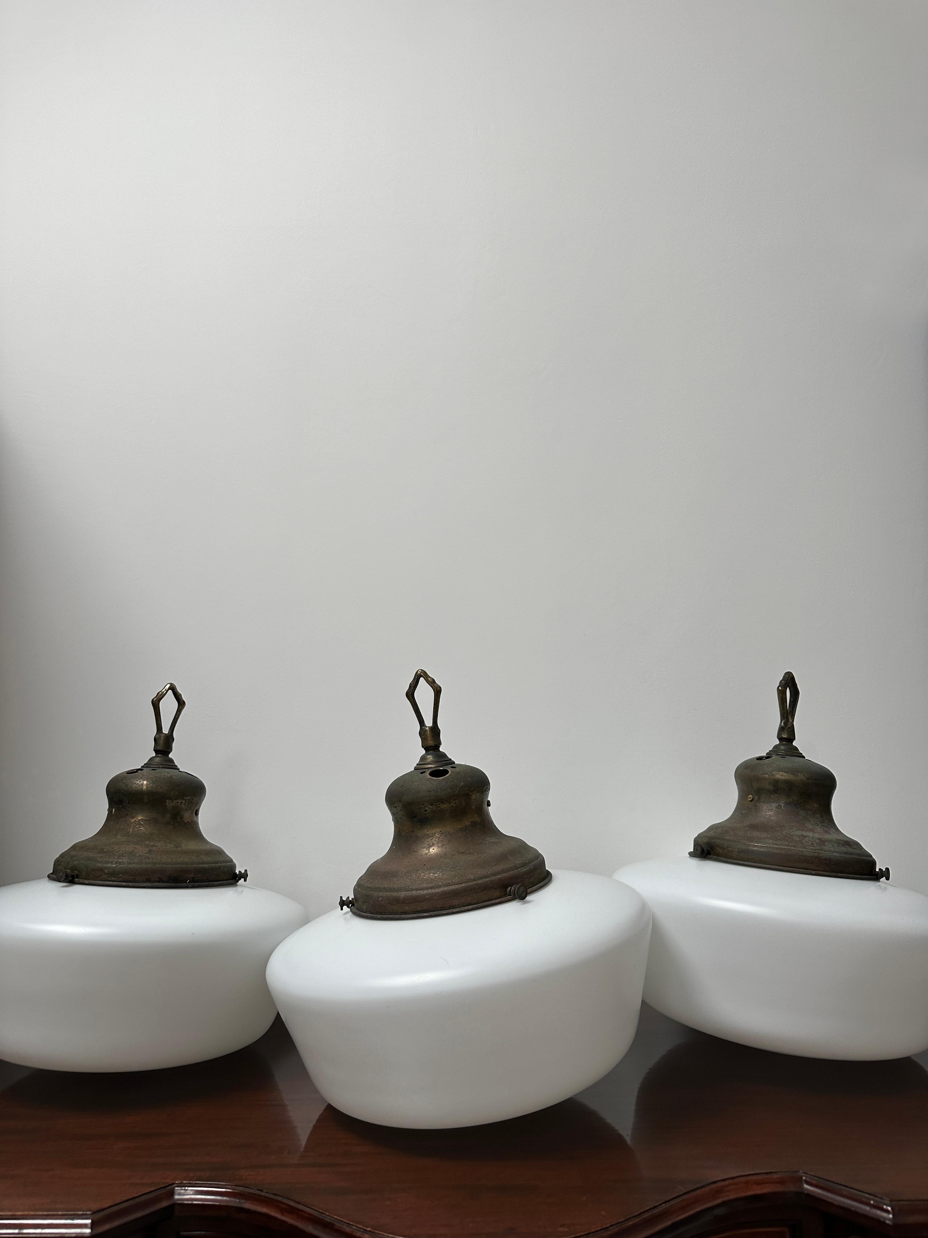 Set Run XL Antique Vintage Brass Church Opaline Milk Glass Ceiling Pendant Light For Sale 3