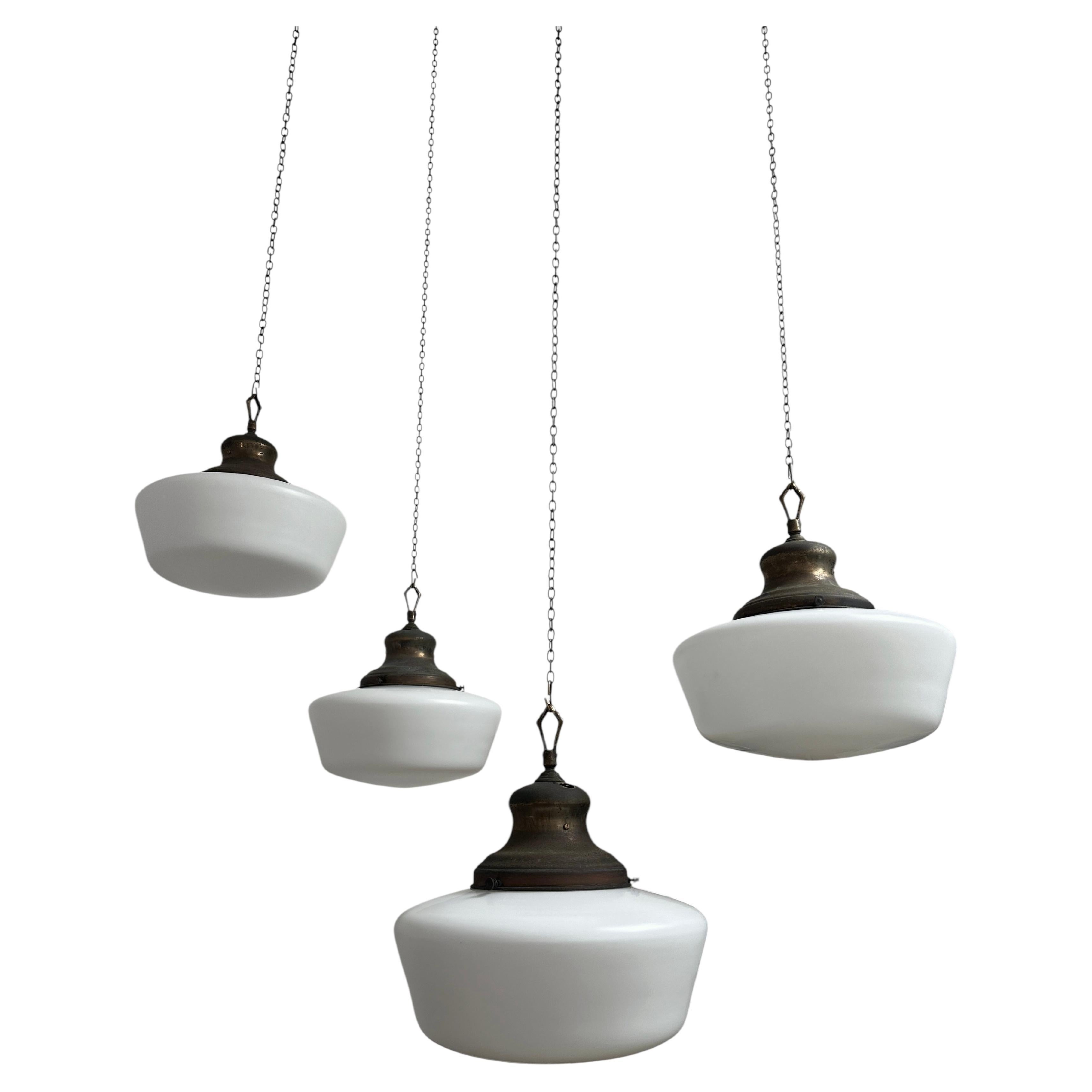 - A monumental set of extra large satin opaline ceiling pendants with original galleries, England circa 1910.
- Sourced from a beautiful chapel in the North of. England, these lights hung high for many years and can be seen in situ via the