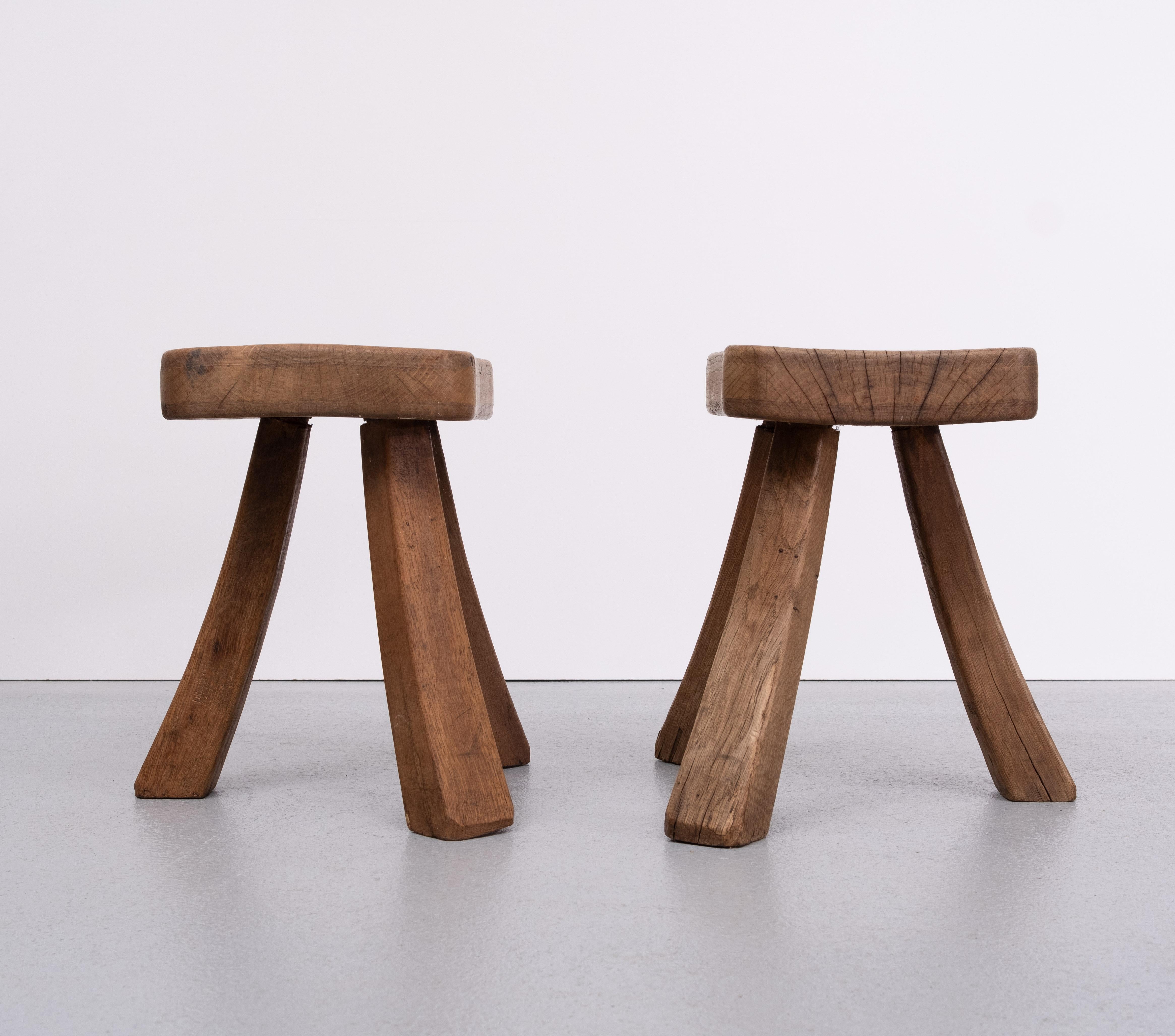 Mid-20th Century Set rustic Stools . Solid Oak wood . 1960s Holland  For Sale
