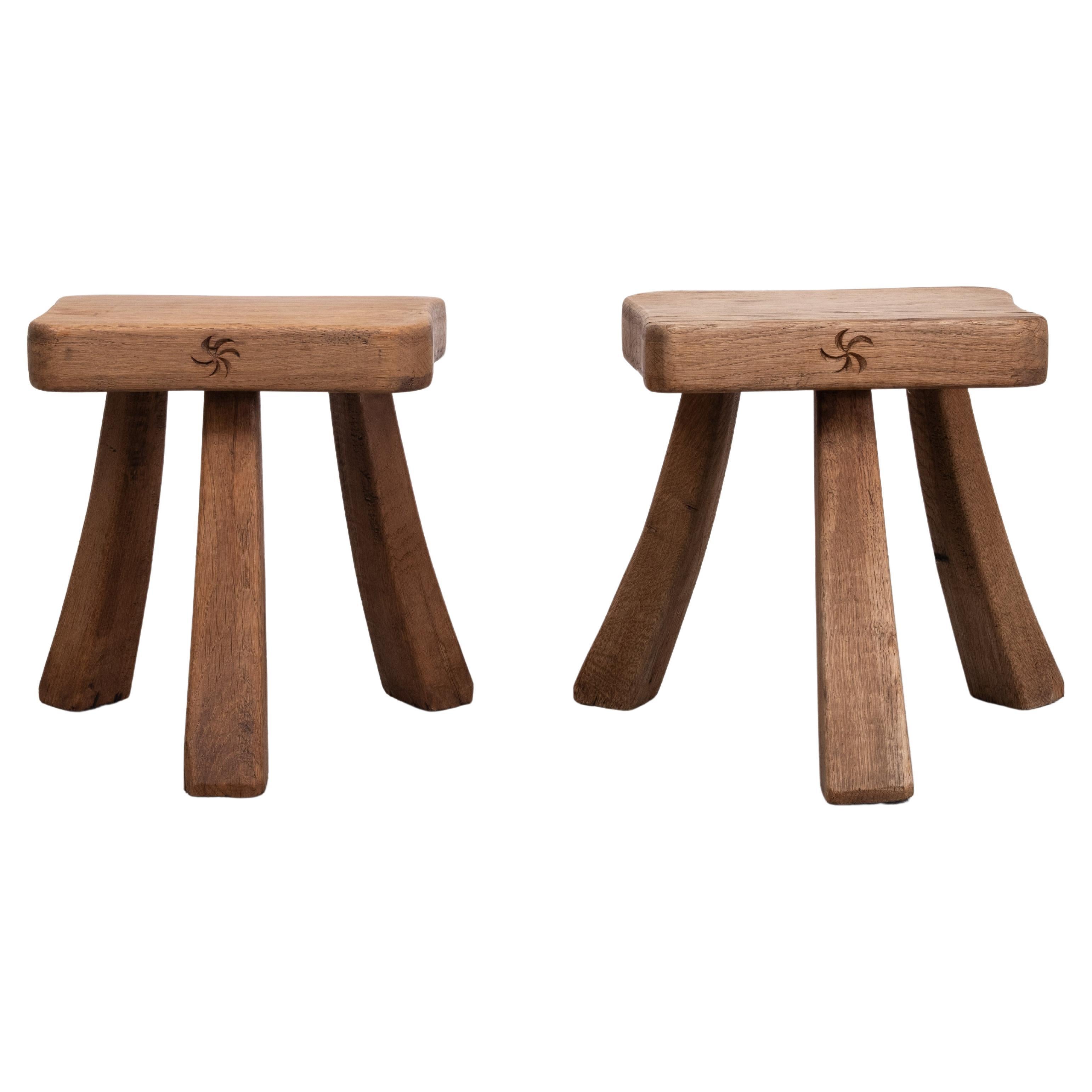 Set rustic Stools . Solid Oak wood . 1960s Holland  For Sale