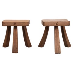 Set rustic Stools . Solid Oak wood . 1960s Holland 