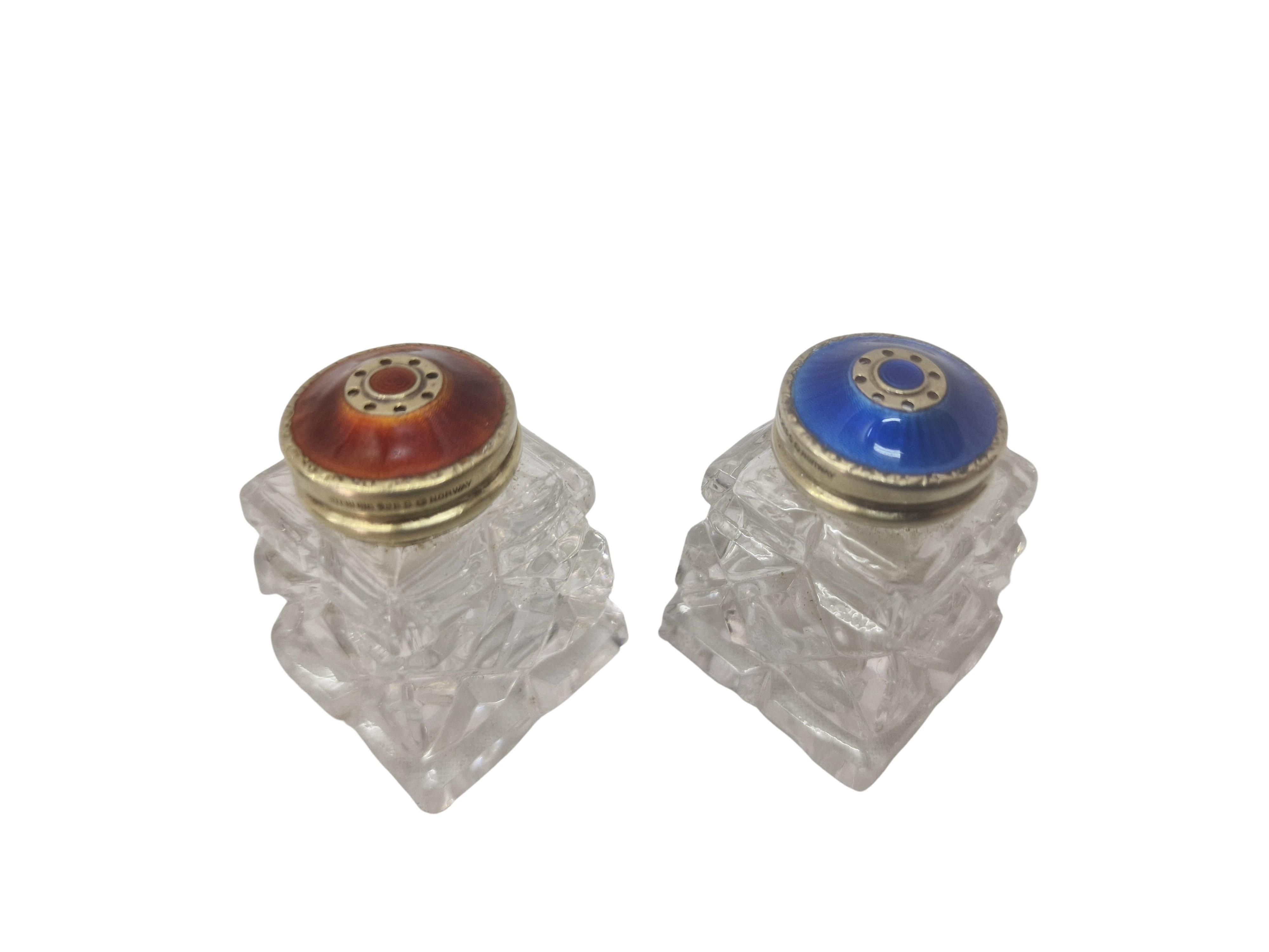 Early 20th Century Set Salt and Pepper Sterling Silver gilt guilloche enamel, Art Deco 1920s Norway For Sale