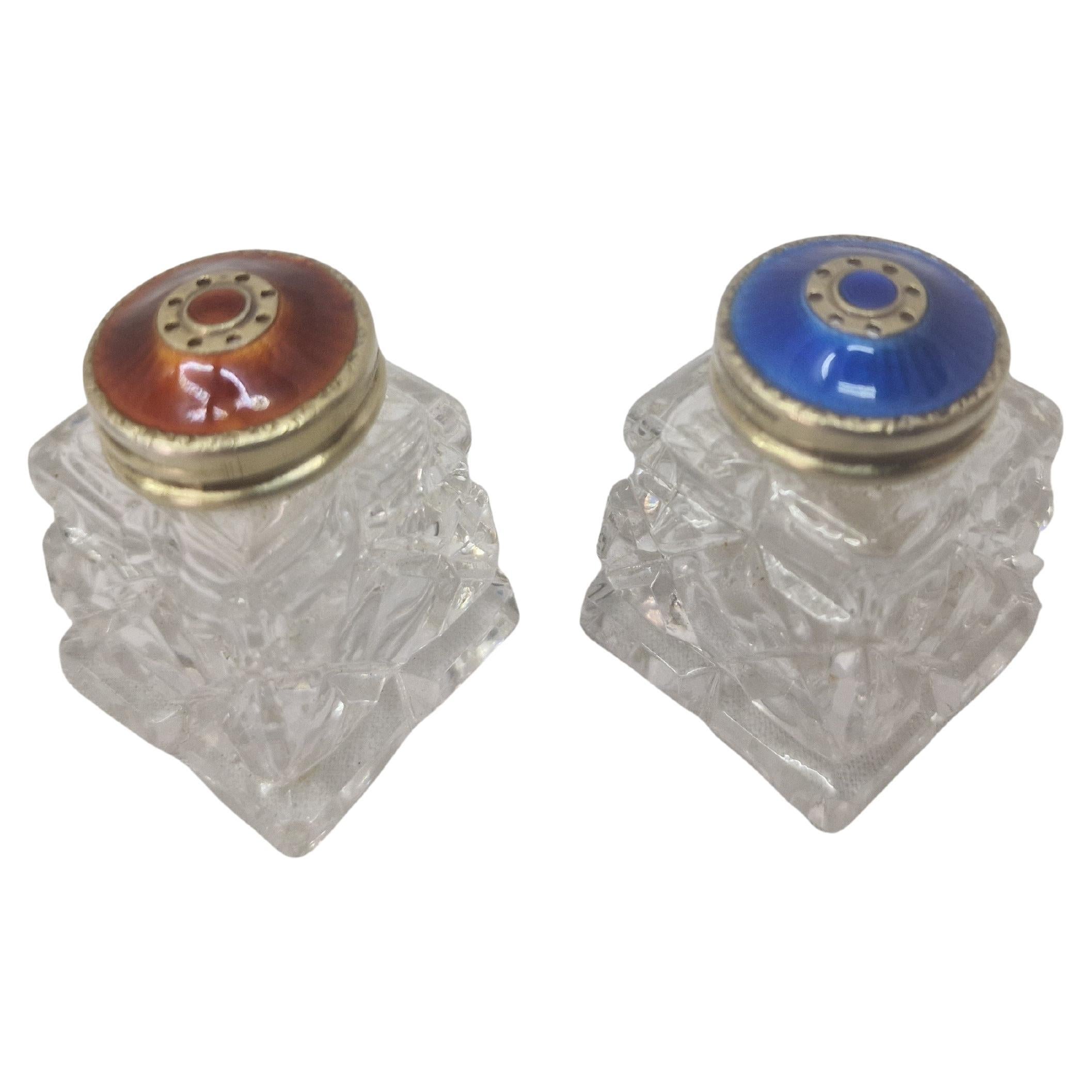 Set Salt and Pepper Sterling Silver gilt guilloche enamel, Art Deco 1920s Norway