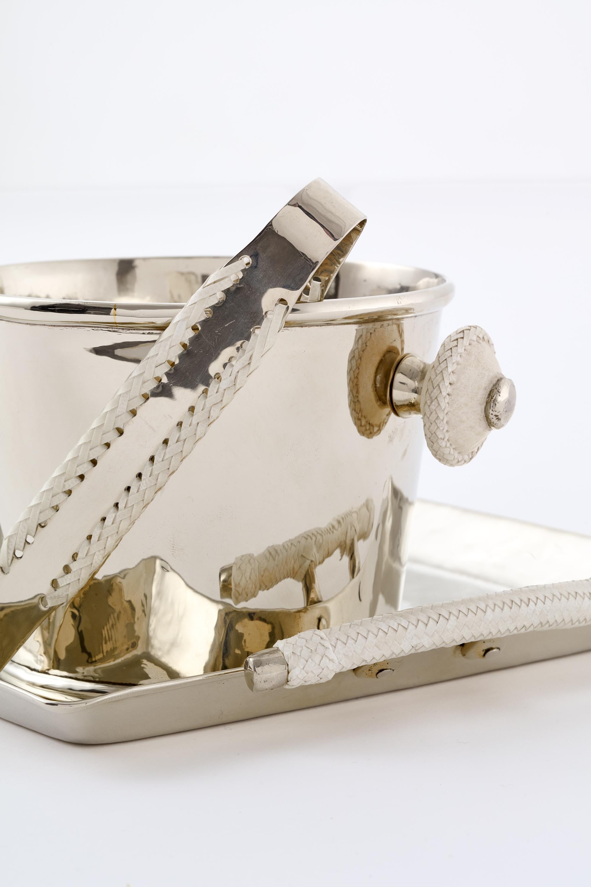 Argentine Set Salta Leather Small Ice Bucket & Salta Leather Tong Silver Alpaca For Sale
