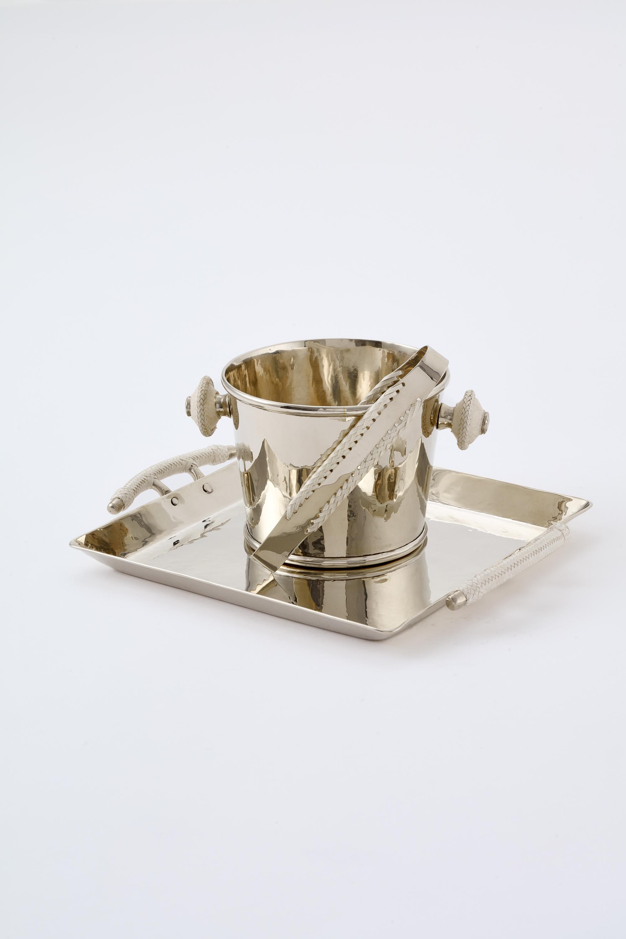 Hand-Carved Set Salta Leather Small Ice Bucket & Salta Leather Tong Silver Alpaca For Sale