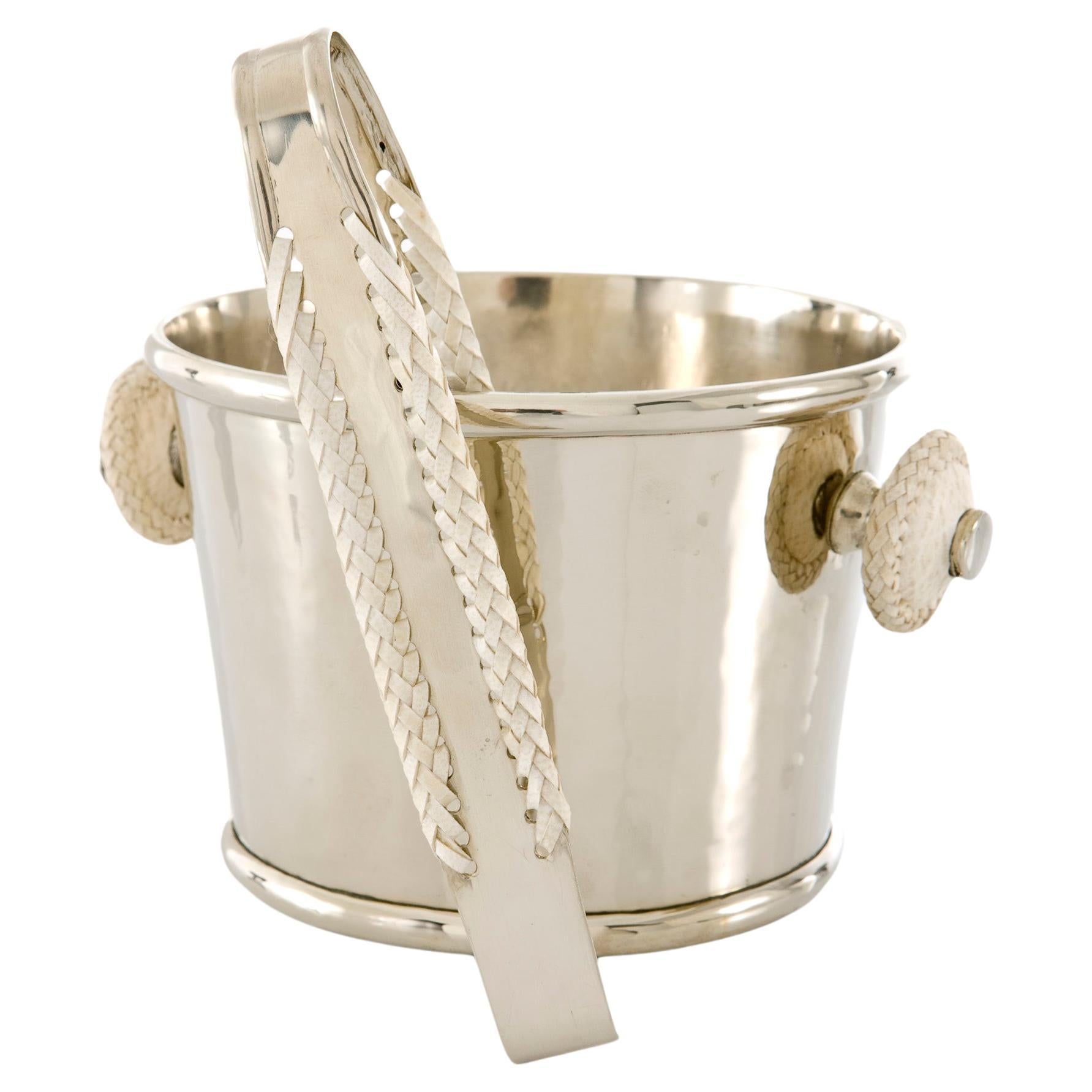 Set Salta Leather Small Ice Bucket & Salta Leather Tong Silver Alpaca