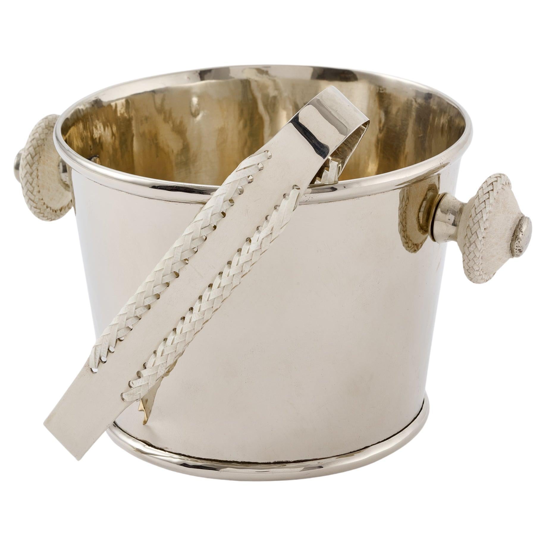 Set Salta Leather Small Ice Bucket & Salta Leather Tong Silver Alpaca For Sale