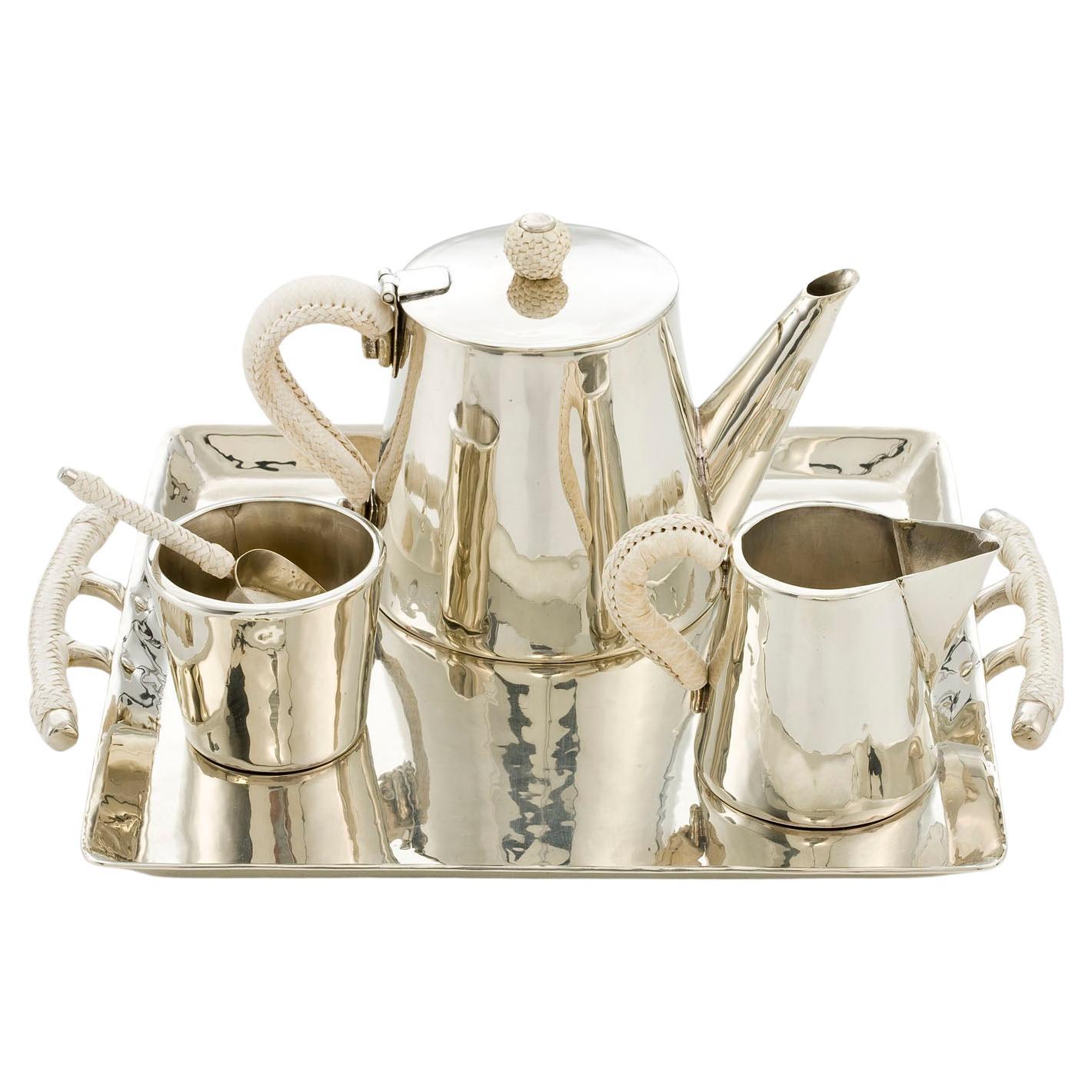 Set teiera in pelle Salta,  Crema e zucchero  Alpaca Argento e Pelle