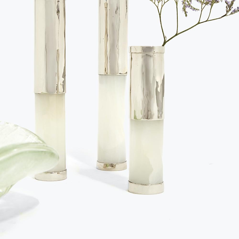 Organic Modern Set Salta Mini Tube Flower Vases, Alpaca Silver & Onyx Stone For Sale