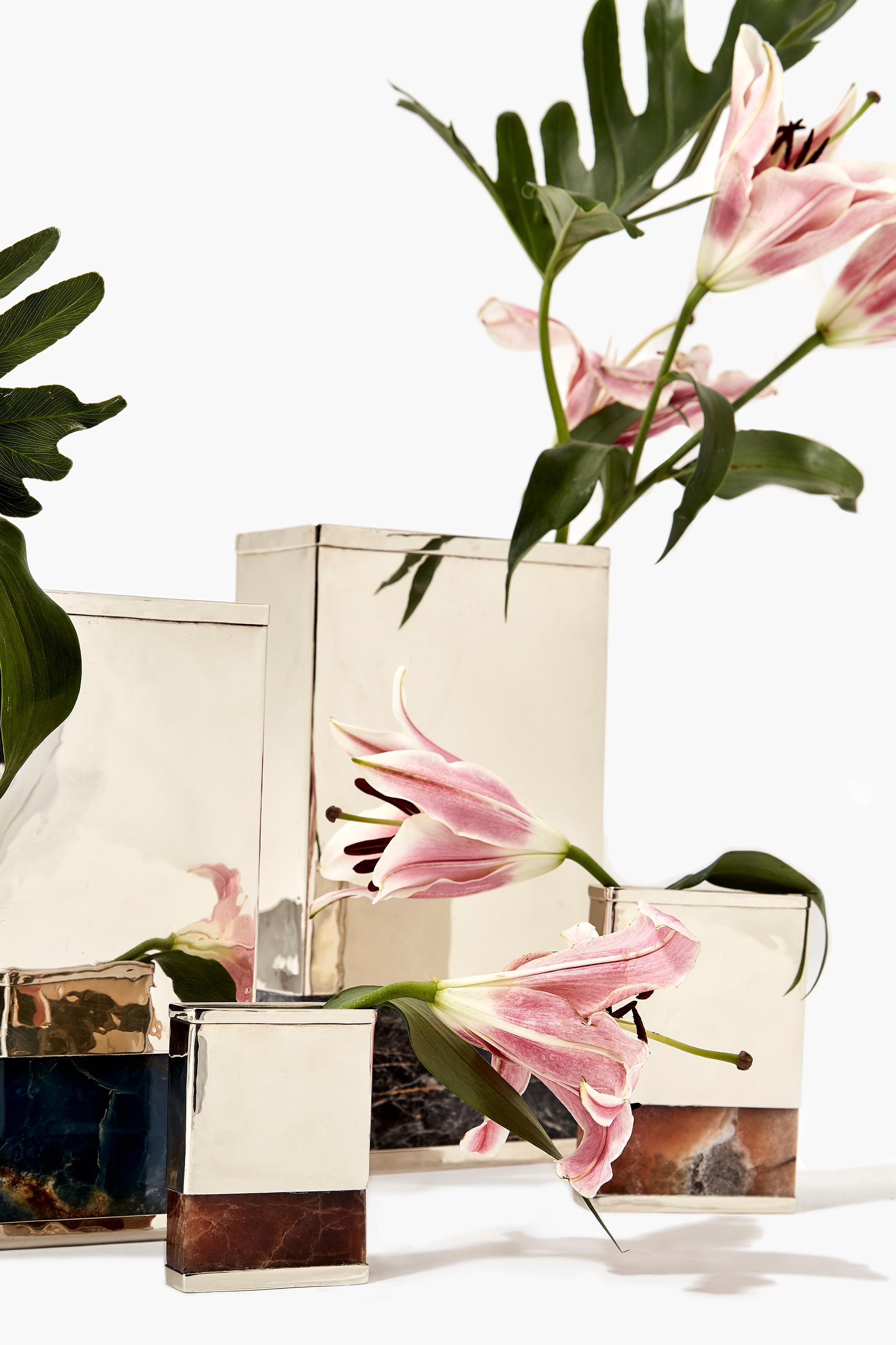 Hand-Crafted Set Salta Rectangular Flower Vases, Alpaca Silver & Onyx Stone For Sale