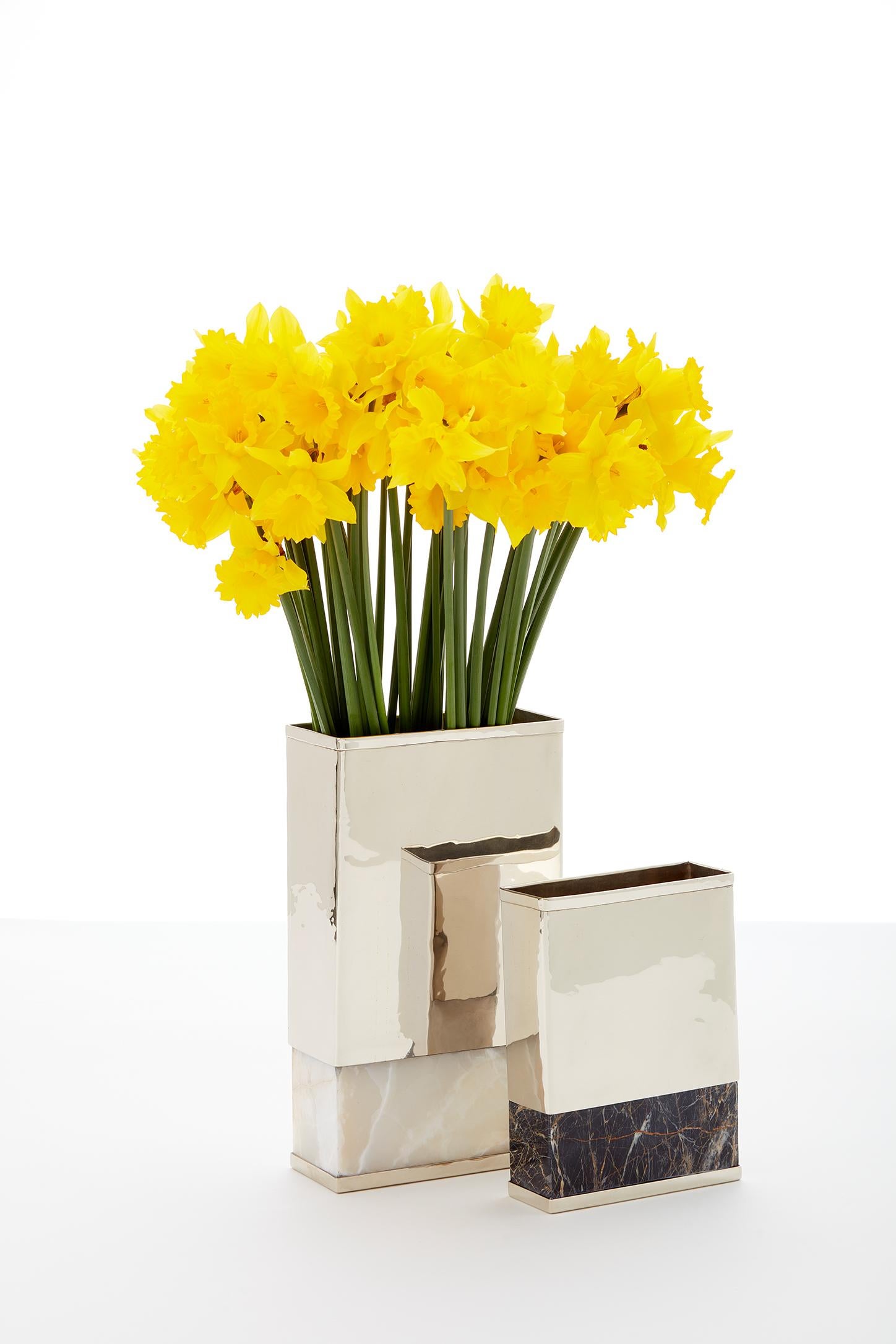 Contemporary Set Salta Rectangular Flower Vases, Alpaca Silver & Onyx Stone For Sale