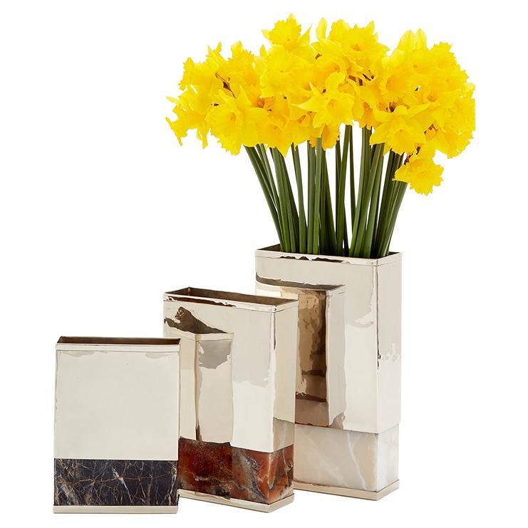 Ensemble de vases à fleurs rectangulaires Salta, argent alpaga et pierre d'onyx