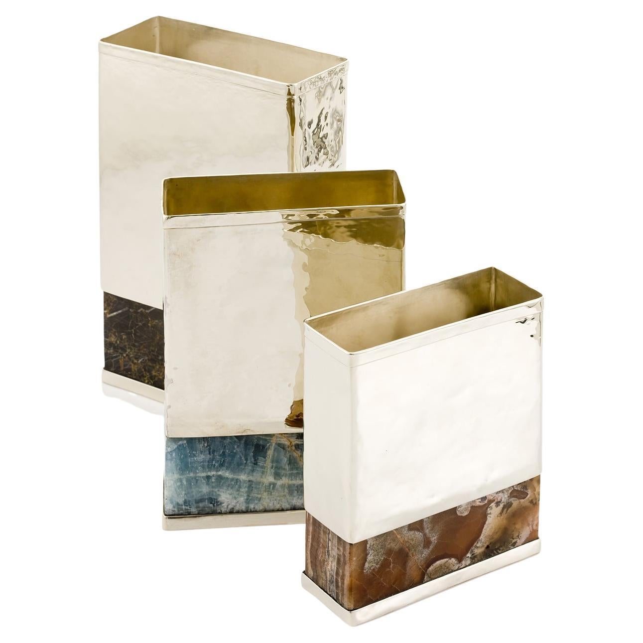 Set Salta Rectangular Flower Vases, Alpaca Silver & Onyx Stone