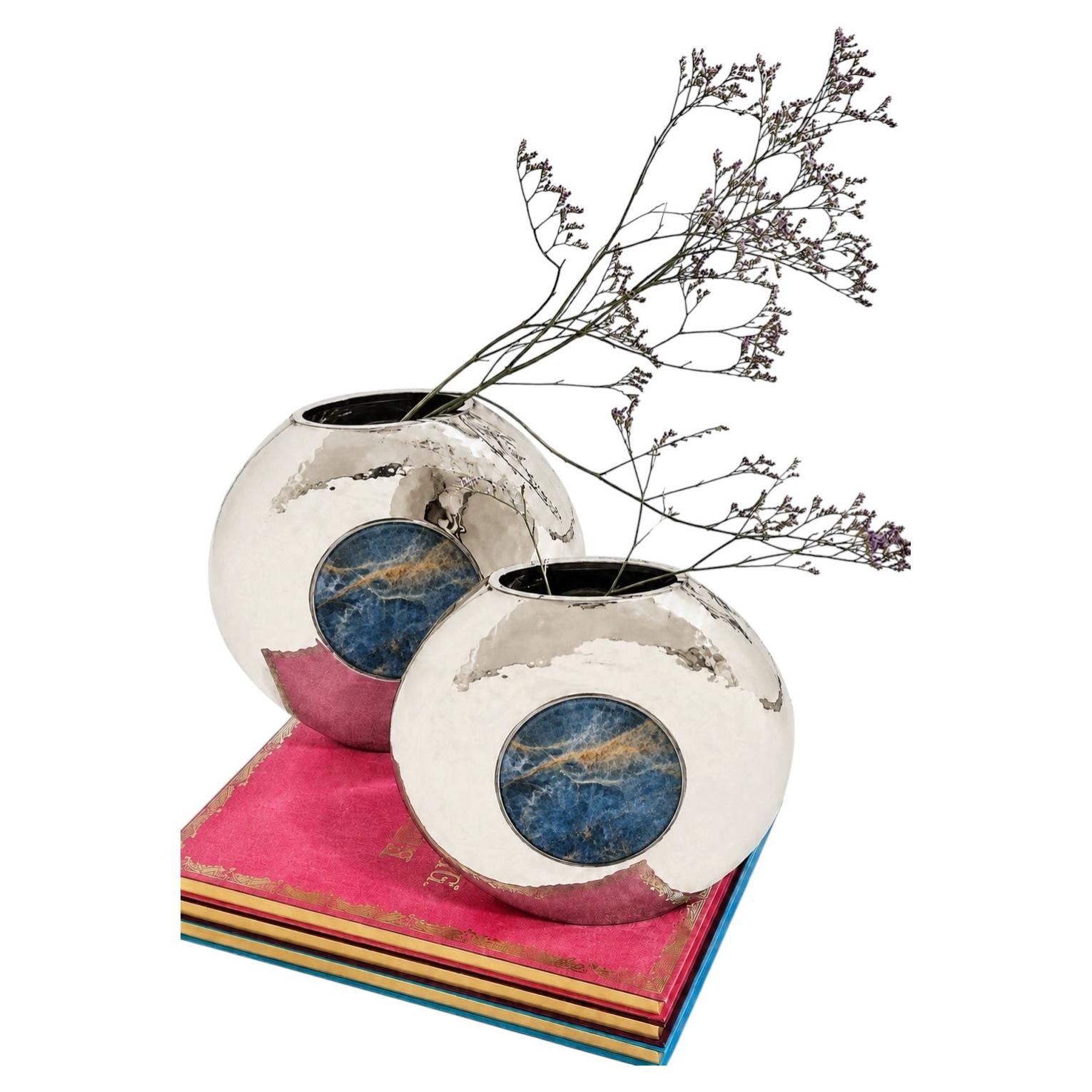 Set Salta Round Medium & Large Flower Vases, Alpaca Silver & Blue Onyx Stone